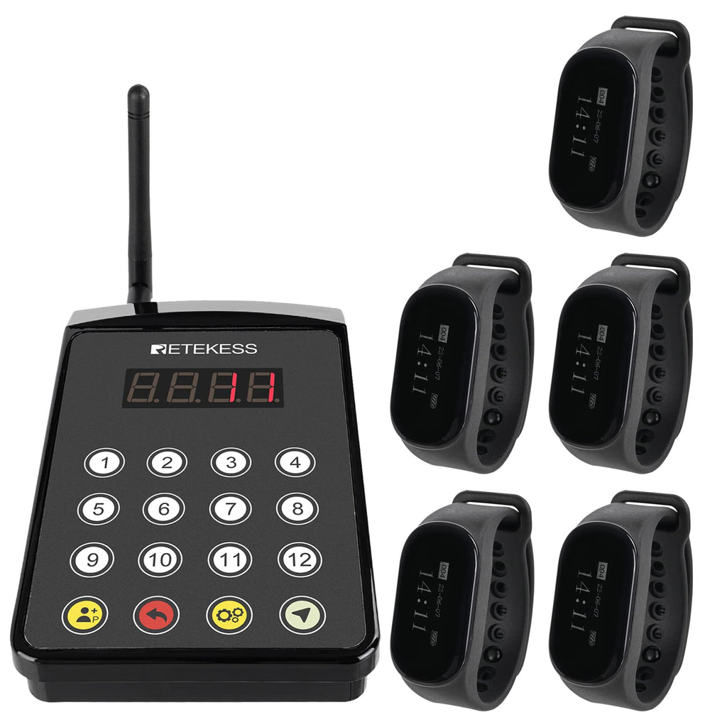 Retekess TD154 Restaurant Pagers for Servers,Waitress Pager System,1312ft,IPX7 Waterproof,3 Operating Modes,5 Watch Receivers for Hotel,Kitchen,Bar