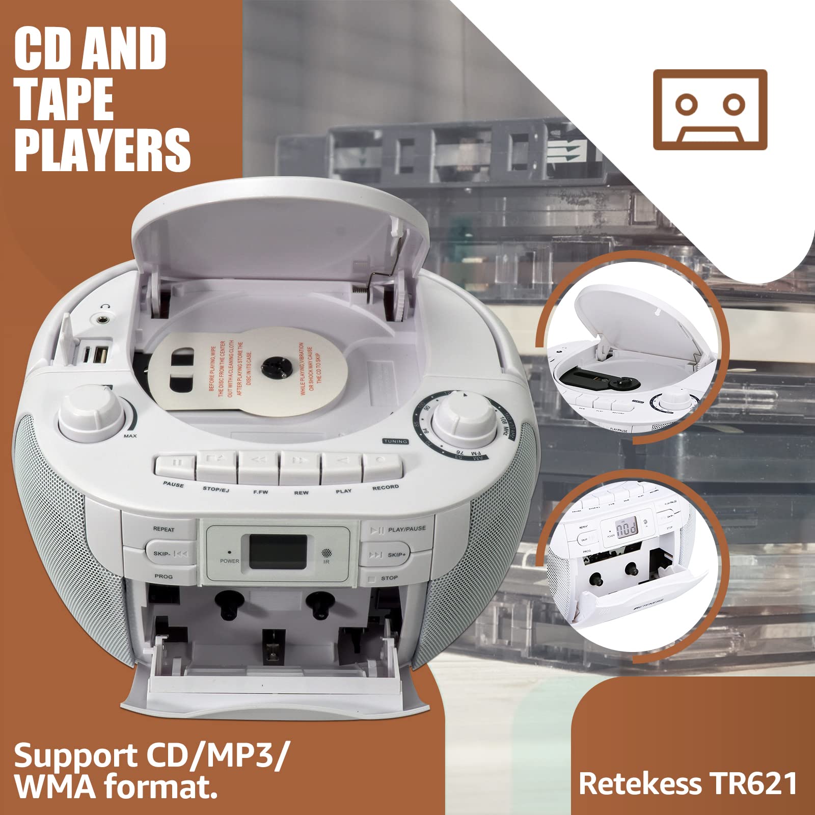 Retekess TR621 CD and Cassette Player Combo, Boombox CD Player for Home, AM/FM, Tape Recording, TF/USB Drive, AC or D Battery Powered, Headphone Jack, Stereo Sound (White)