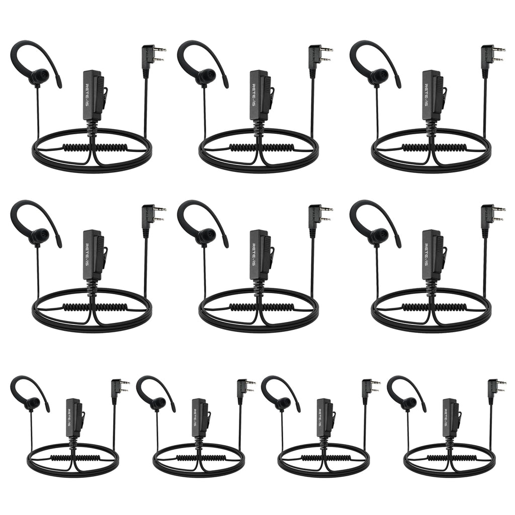 Retevis Walkie Talkie Earpiece with Mic,Volume Adjust,G Shape, for RT22 RT68 RT21 H-777 H-777S RT86,Compatible with Baofeng UV-5R 888S pxton Kenwood Two Way Radios,2 Way Radio Earpiece 2 Pin(10 Pack)