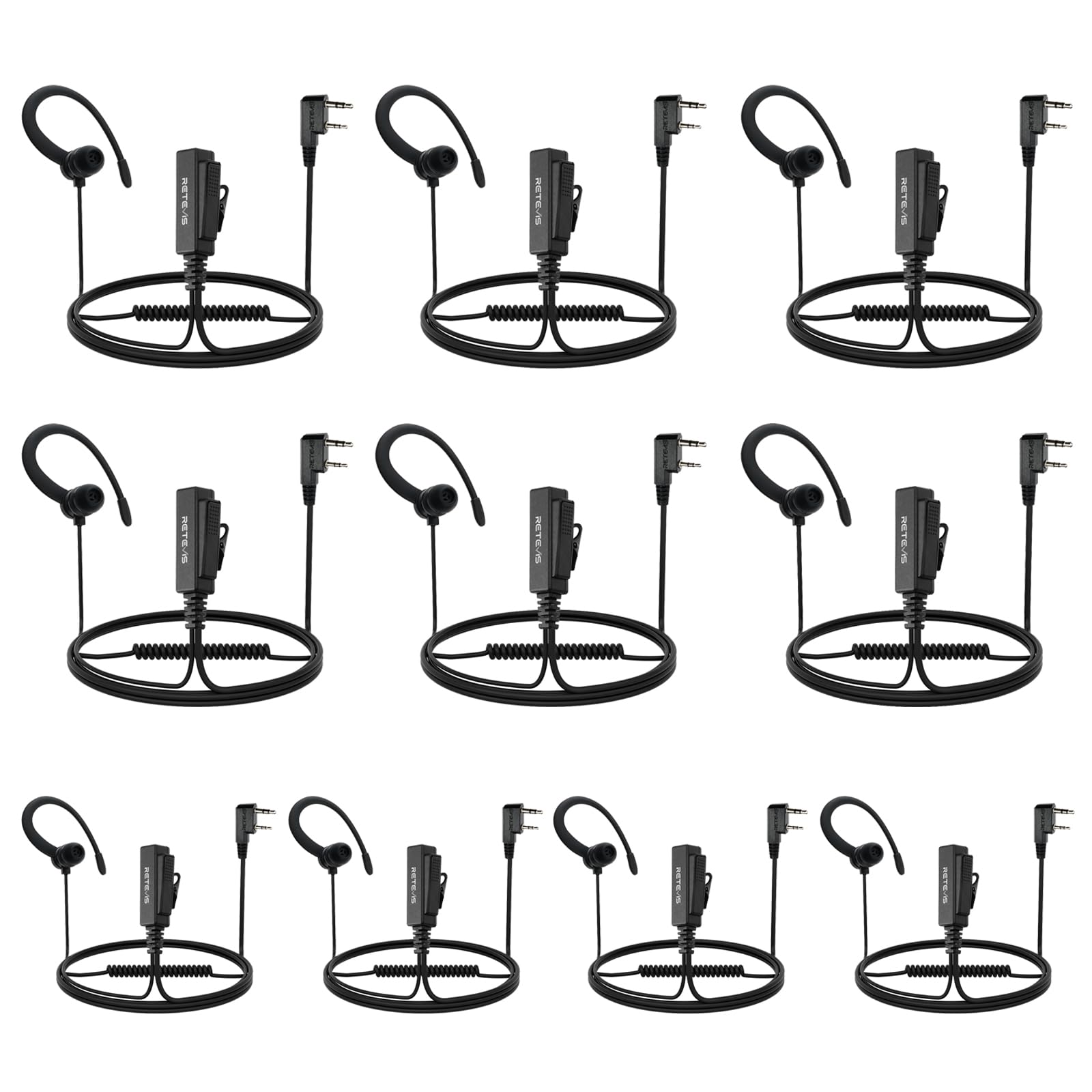 Retevis Walkie Talkie Earpiece with Mic,Volume Adjust,G Shape, for RT22 RT68 RT21 H-777 H-777S RT86,Compatible with Baofeng UV-5R 888S pxton Kenwood Two Way Radios,2 Way Radio Earpiece 2 Pin(10 Pack)