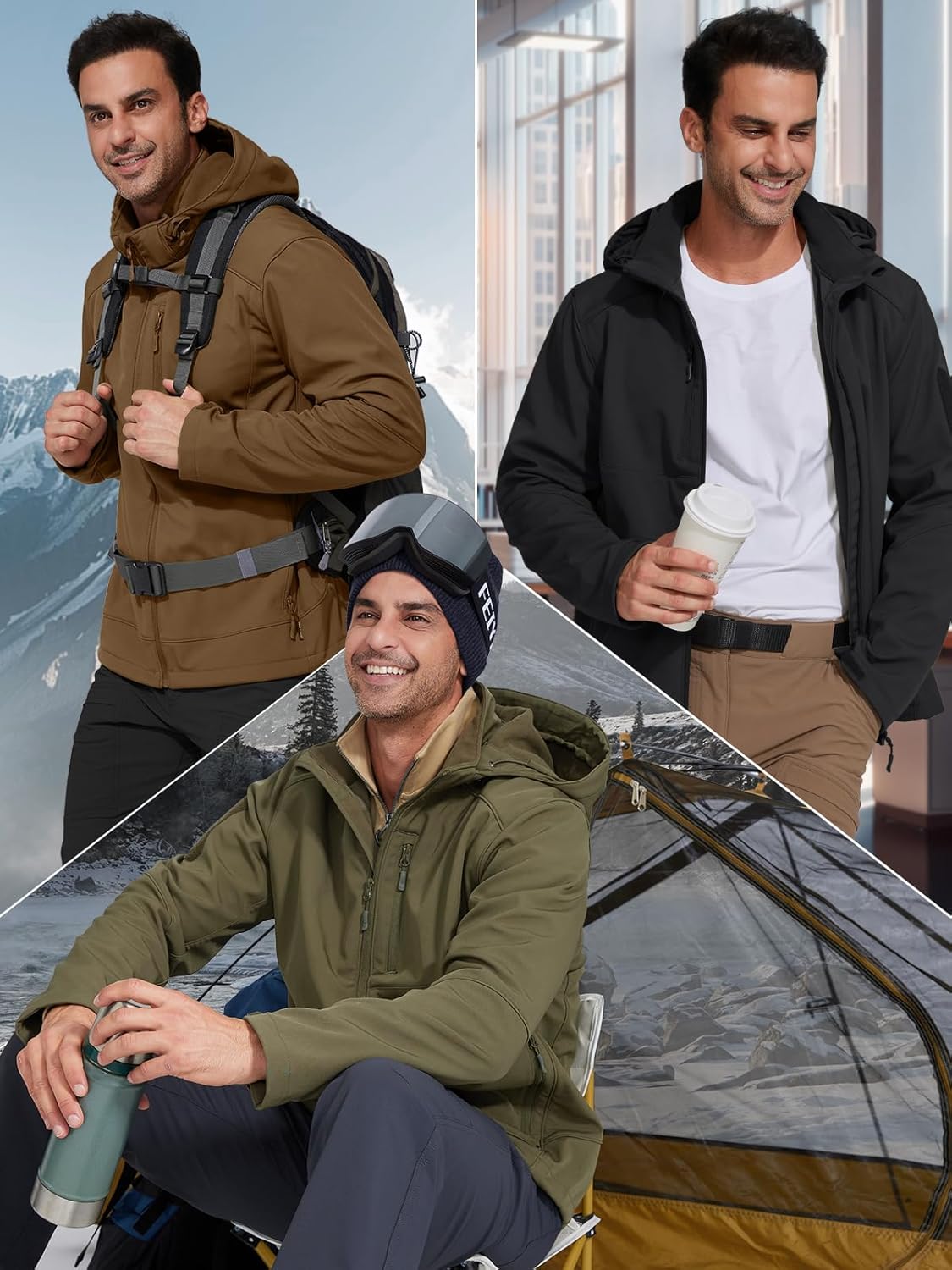 FREE SOLDIER Softshell Jackets for Men Water Resistant Fleece Lined Tactical Hunting Winter Windbreaker with Detachable Hood(Black,2XL)