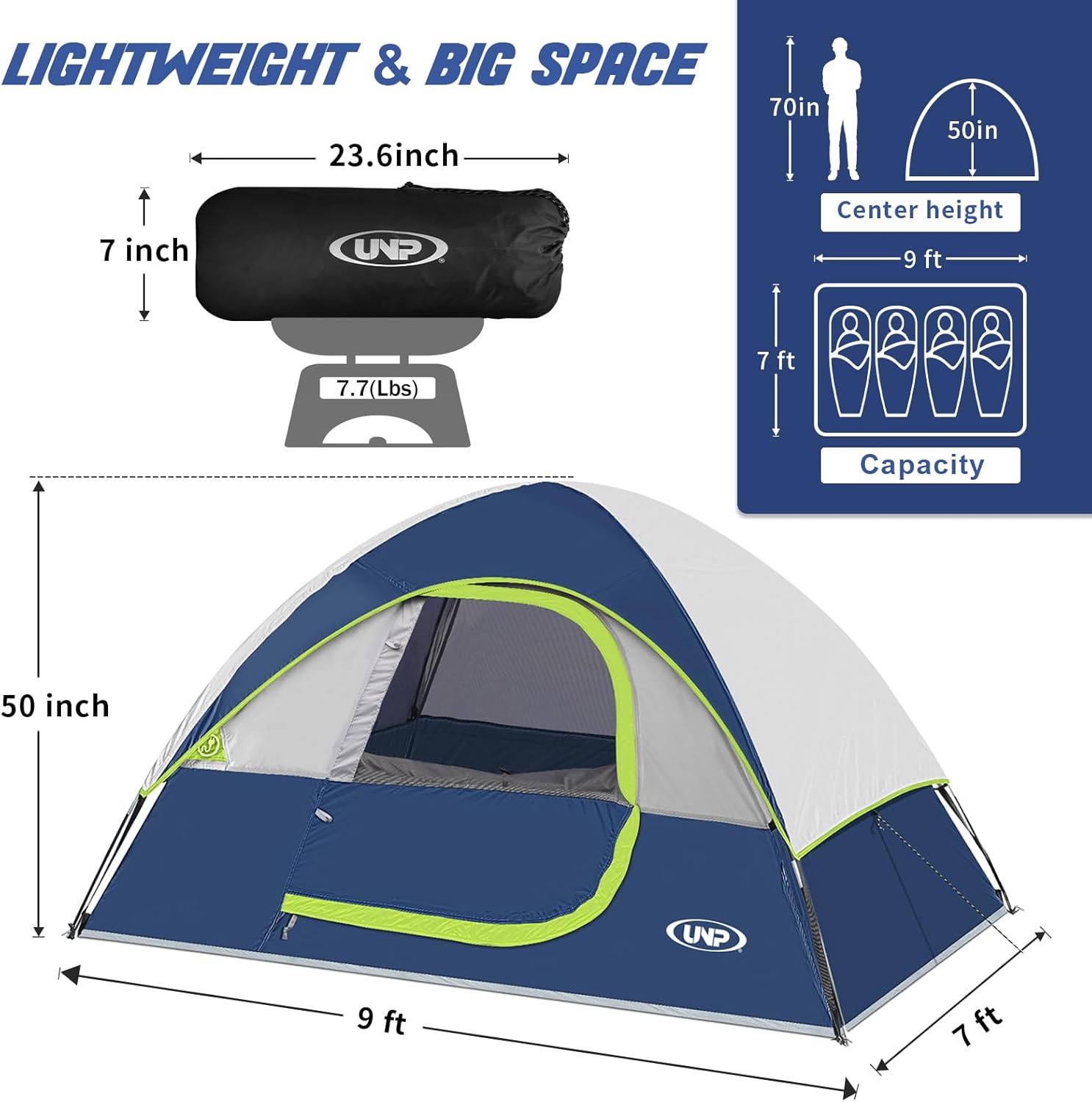 UNP 4 Person Camping Dome and Cabin Tent Easy Set Up, Waterproof with Top Rainfly for Outdoor Camping/Hiking