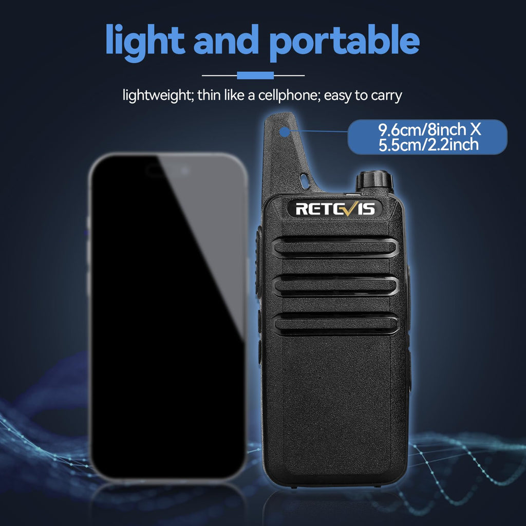 Retevis RT22 Walkie Talkies, Mini 2 Way Radio Rechargeable, VOX Handsfree, Portable, Two-Way Radios Long Range with Earpiece, for Family Road Trip Camping Hiking Skiing(2 Pack, Black)