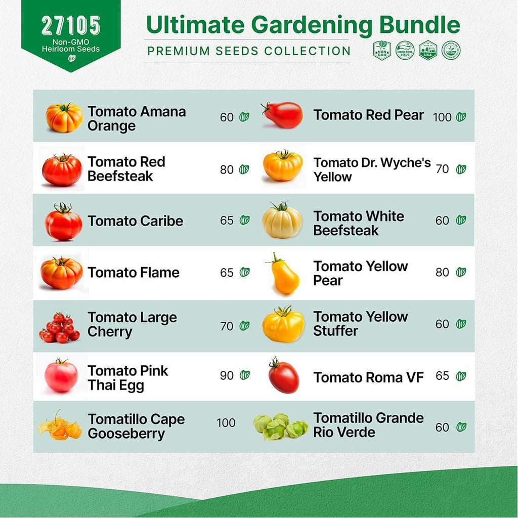 14 Tomato Seeds & 40 Vegetable Seeds Variety Pack Bundle, 27,025+ Non-GMO Heirloom Garden Seeds for Planting Tomatoes and Vegetables for Indoor & Outdoor Gardening