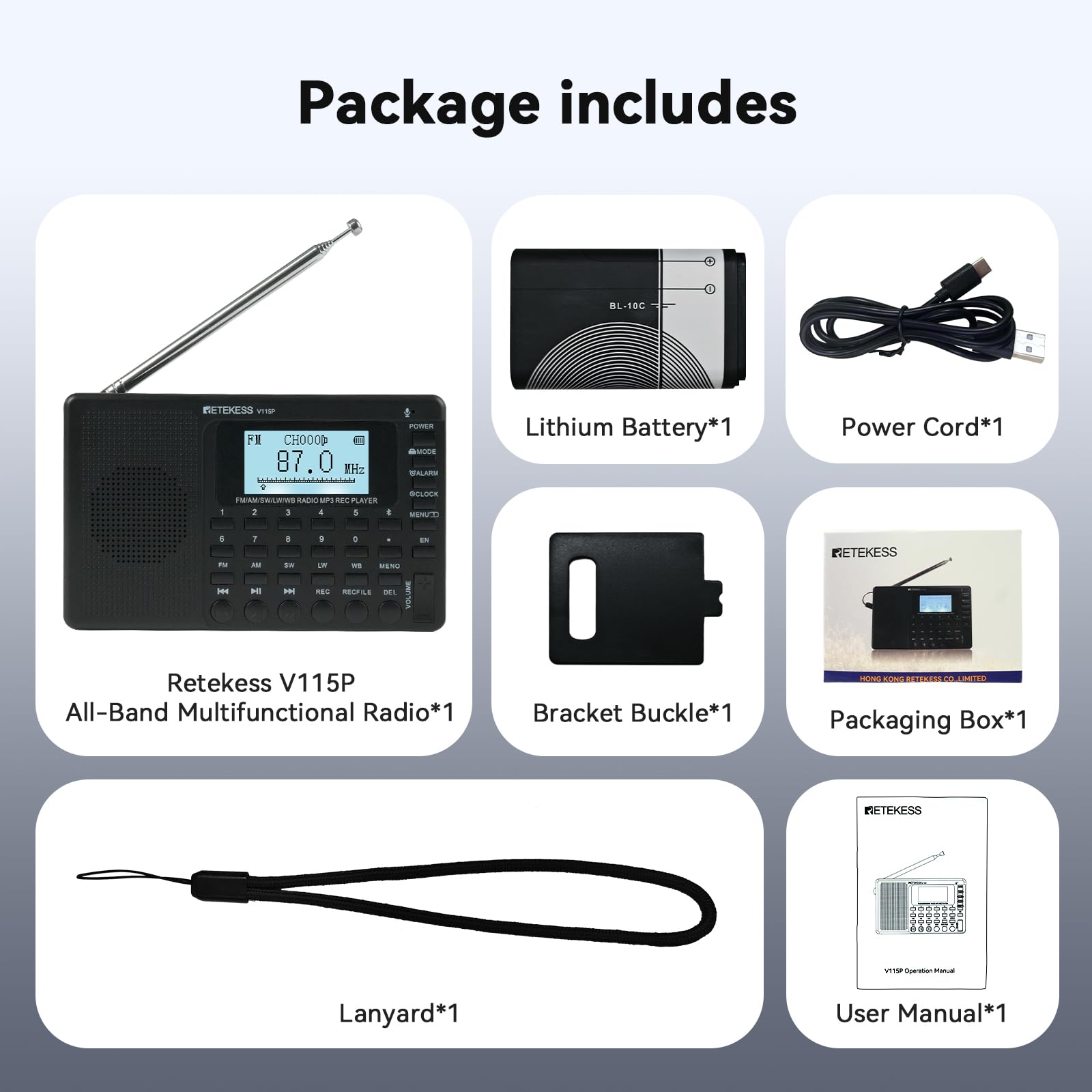 Retekess V115 Shortwave Radio, Digital Radio AM FM, Shortwave Receiver with 1000mAh Rechargeable Battery, Presets, TF/AUX Playback and Recording, Bass Speaker, for Camping
