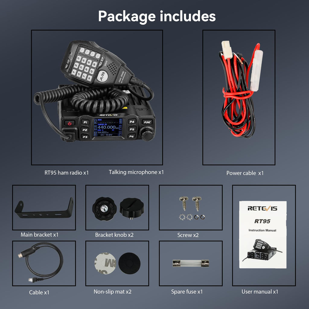 Retevis RT95 Mobile Ham Radio, Dual Band Mobile Radio, Chirp, Dual Speaker, Rotatable LCD Display, 2m 70cm Ham Radio Base Station, Mobile Transceiver with Cable