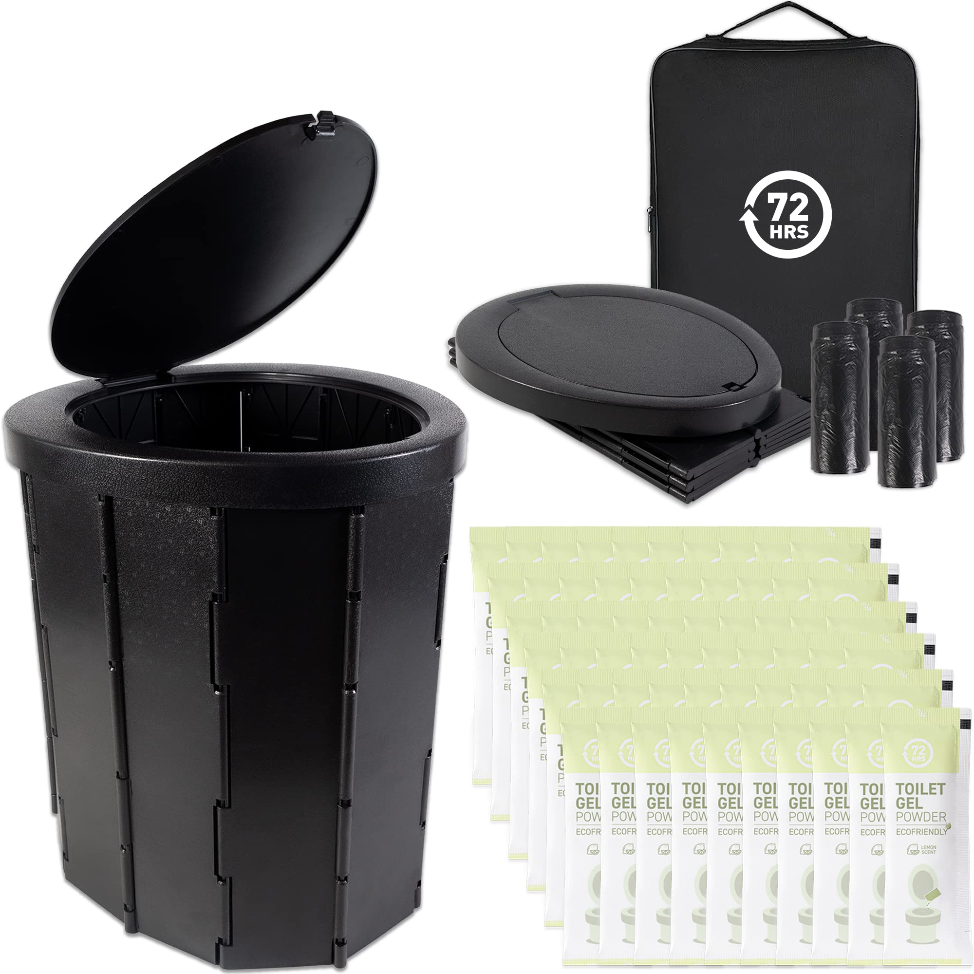 72 HRS Portable Collapsible Camp Toilet - Extra Large, Lightweight & Sturdy (With 12 Toilet Bags)