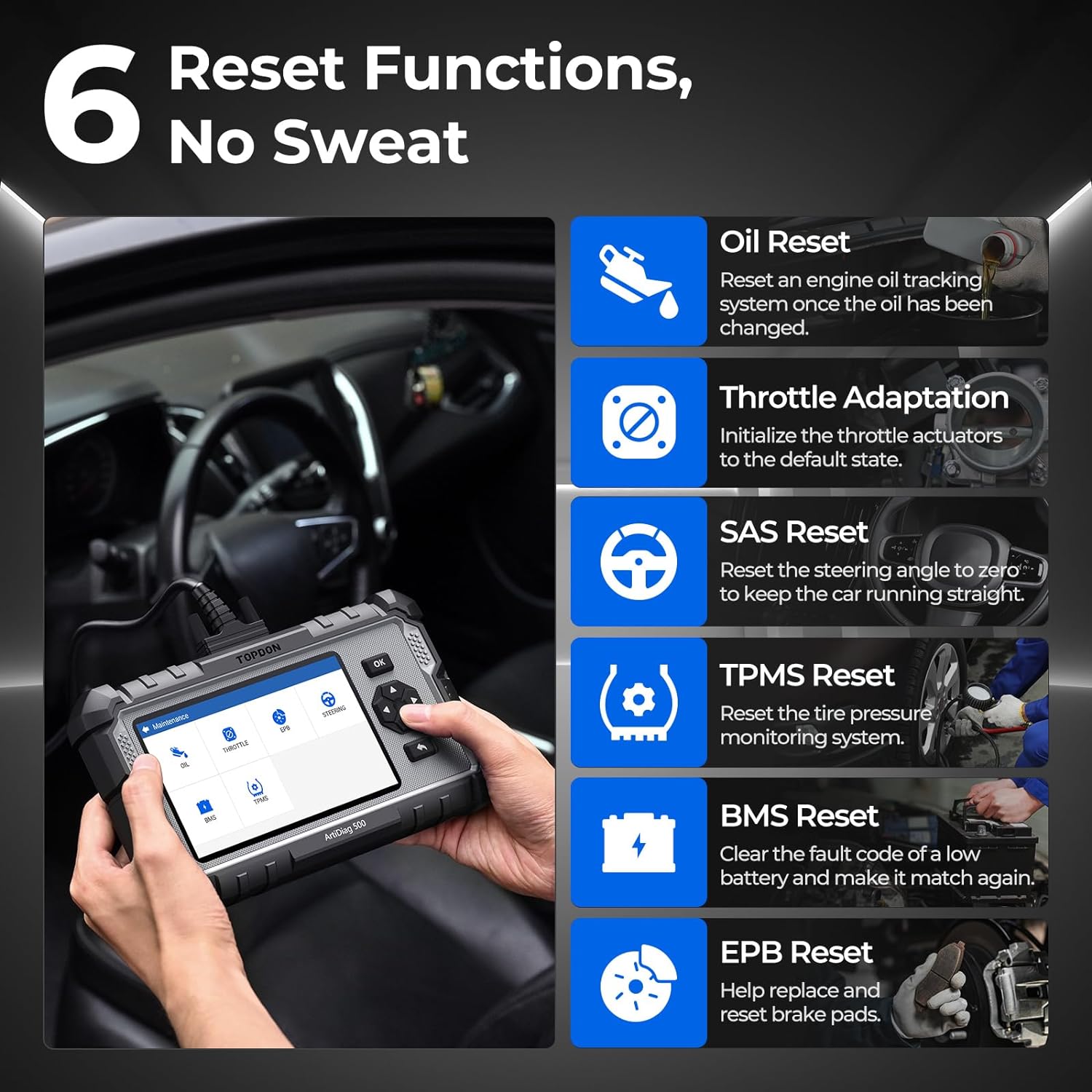 TOPDON AD500 OBDi TOPDON AD500 OBD2 Scanner Car Code Reader Scan Tool, Engine ABS SRS Transmission Diagnostics Tool, Oil/Throttle/SAS/TPMS/BMS/EPB Reset Car Scanner, Free Upgrade for DIY