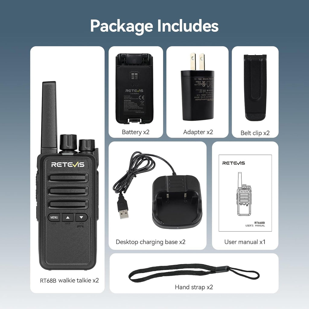 Retevis RT68 Walkie Talkies Rechargeable,Portable FRS Two-Way Radios for Adults,Heavy Duty 2 Way Radios Long Range,USB Charging Base,License Free Walkie Talkie for Road Trip Gifts Camping (2 Pack)