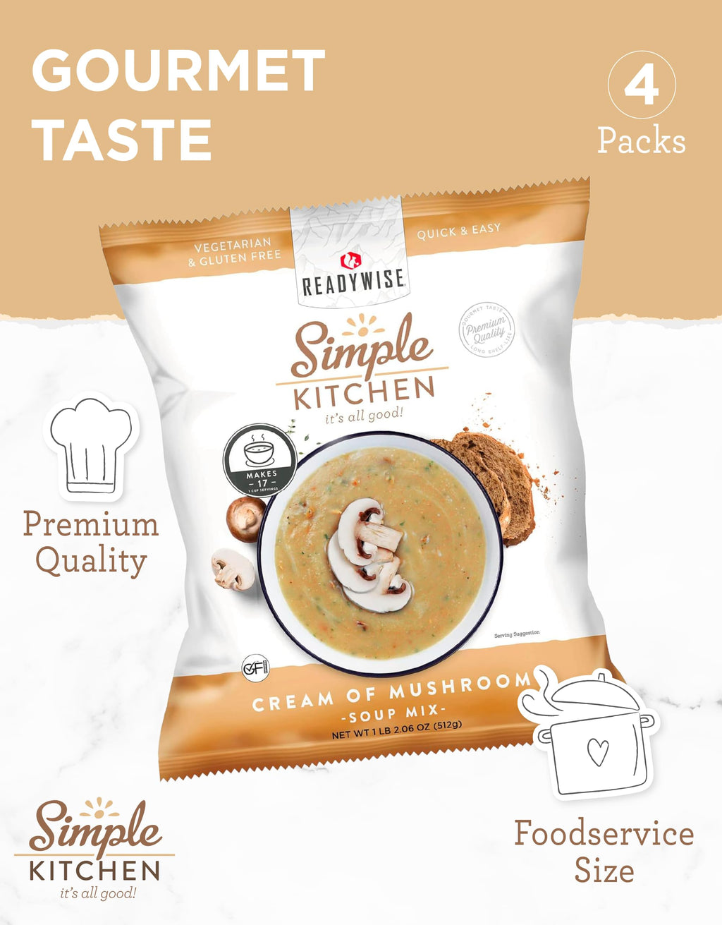 Simple Kitchen Garden Vegetable Soup Mix - 17 Servings for Meal Prep, Gluten Free, Vegetarian, Dehydrated & Freeze Dried Survival Food for Camping Meals, Backpacking & Hiking, Survival Kit, Pack of 4