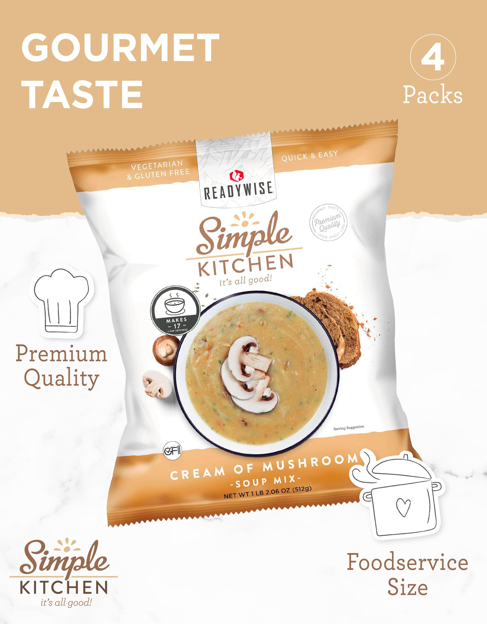 Simple Kitchen Garden Vegetable Soup Mix - 17 Servings for Meal Prep, Gluten Free, Vegetarian, Dehydrated & Freeze Dried Survival Food for Camping Meals, Backpacking & Hiking, Survival Kit, Pack of 4