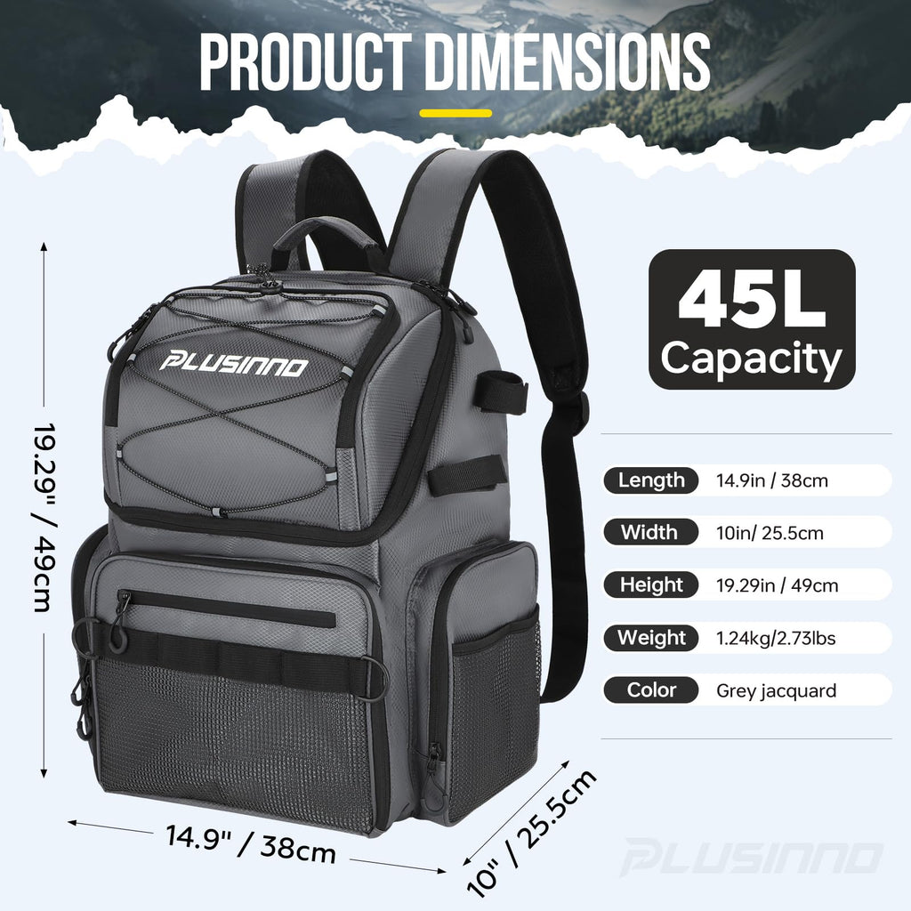 PLUSINNO Cooler Fishing Backpack with Rod Holders 45L Large Water-resistant Fishing Tackle bag Store Fishing Gear Fishing Gifts for Men Father, Sport Bags