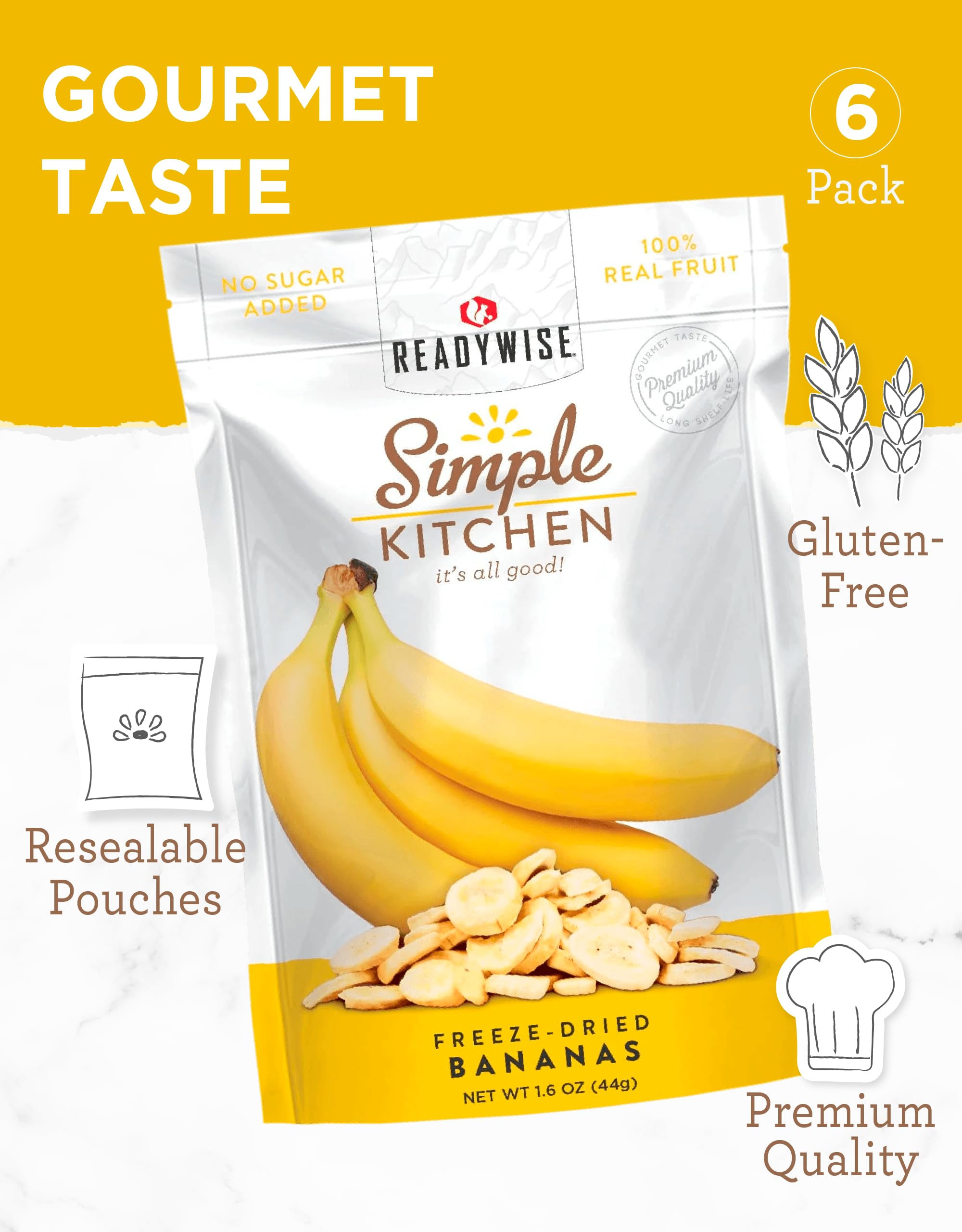 READYWISE - Simple Kitchen, Freeze-Dried Peaches, 1.16 oz, Pack of 6, Vegetarian, Gluten Free, Snacks, Peaches, Dried Fruit, Pre Workout, Healthy Snacks, Camping, Backpacking, Survival Food