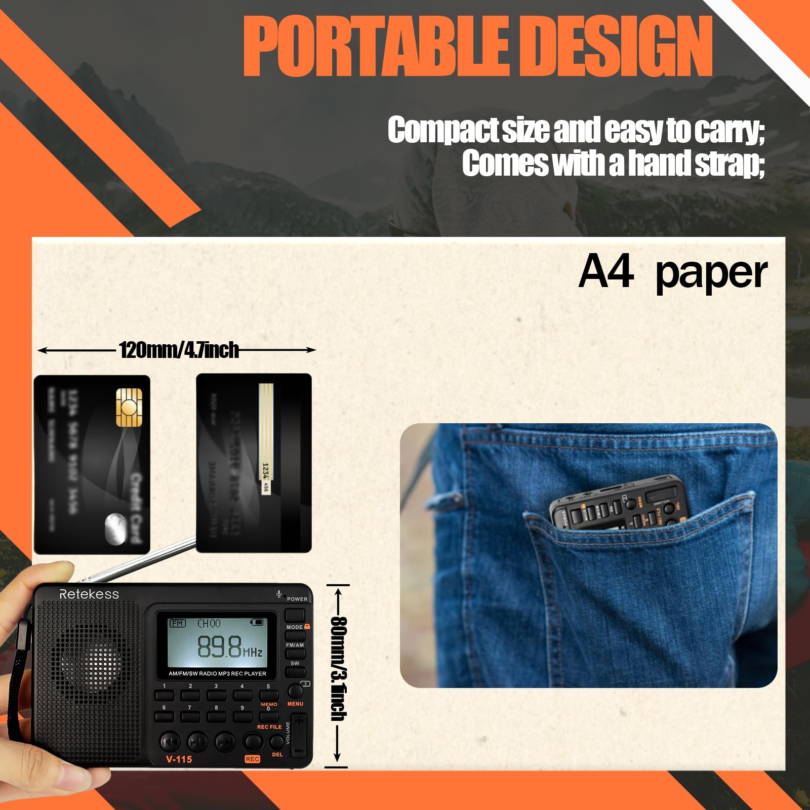Retekess V115 Shortwave Radio, Digital Radio AM FM, Shortwave Receiver with 1000mAh Rechargeable Battery, Presets, TF/AUX Playback and Recording, Bass Speaker, for Camping