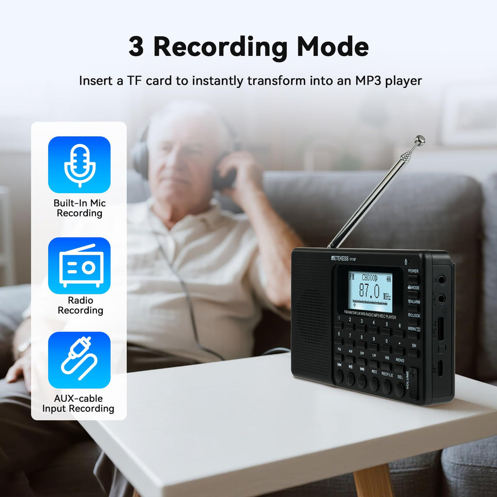 Retekess V115 Shortwave Radio, Digital Radio AM FM, Shortwave Receiver with 1000mAh Rechargeable Battery, Presets, TF/AUX Playback and Recording, Bass Speaker, for Camping