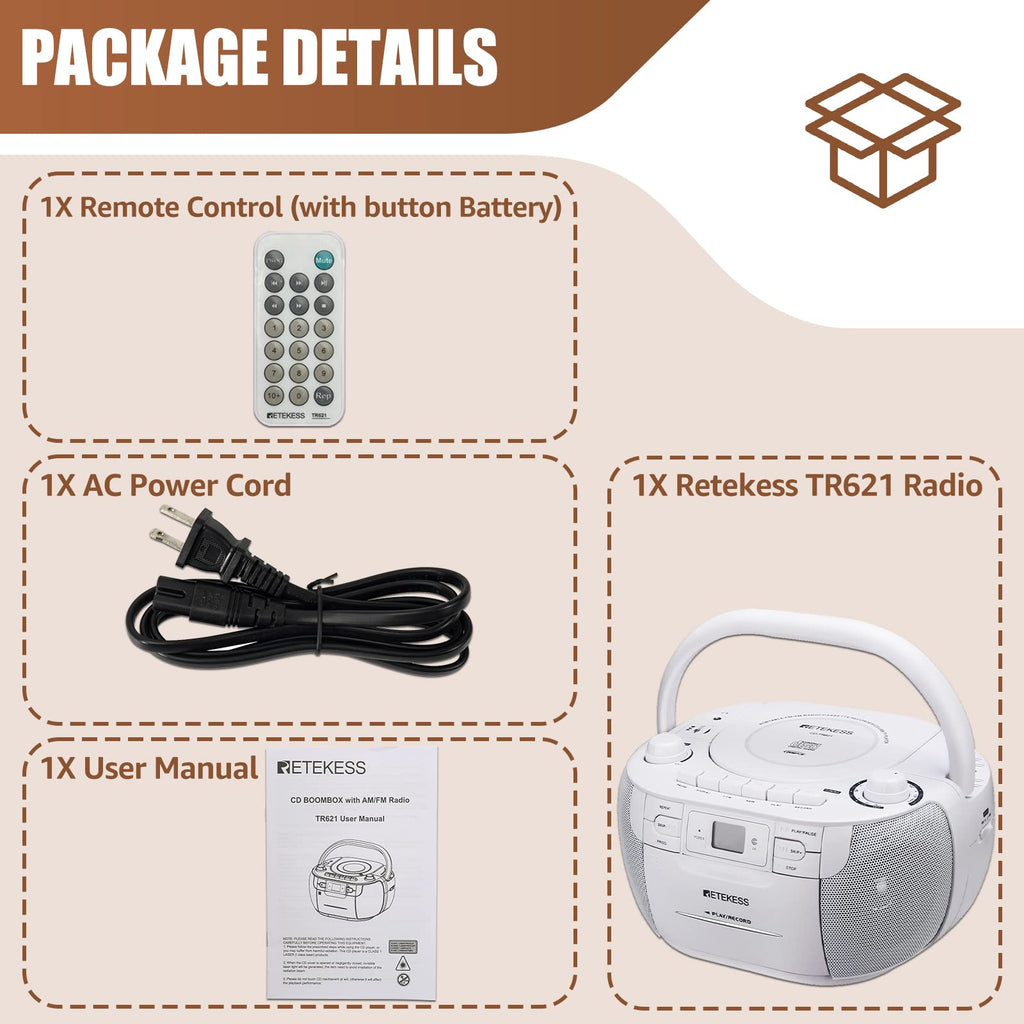 Retekess TR621 CD and Cassette Player Combo, Boombox CD Player for Home, AM/FM, Tape Recording, TF/USB Drive, AC or D Battery Powered, Headphone Jack, Stereo Sound (White)