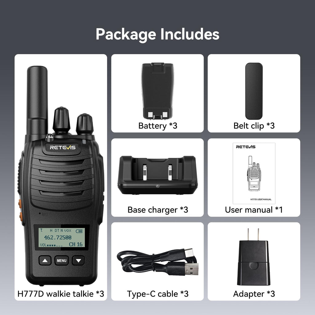 Retevis H-777 Walkie Talkies Rechargeable, 2 Way Radios Long Range, Portable FRS Two-Way Radios, Short Antenna, LED Flashlight, for Adults Family Outdoor (3 Pack)