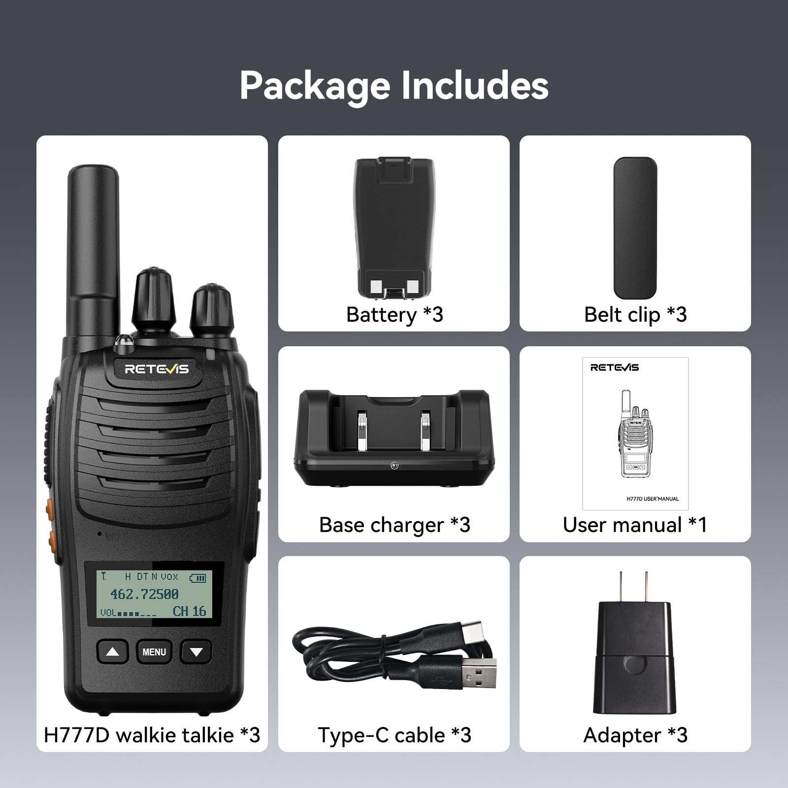 Retevis H-777 Walkie Talkies Rechargeable, 2 Way Radios Long Range, Portable FRS Two-Way Radios, Short Antenna, LED Flashlight, for Adults Family Outdoor (3 Pack)
