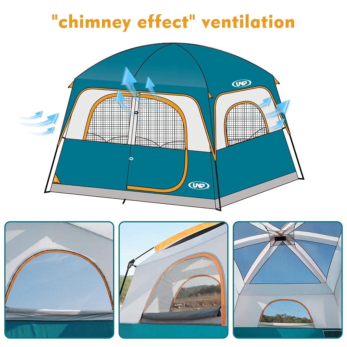 UNP Tents 6 Person Waterproof Windproof Easy Setup,Double Layer Family Camping Tent with 1 Mesh Door & 5 Large Mesh Windows -10'X9'X78in(H)