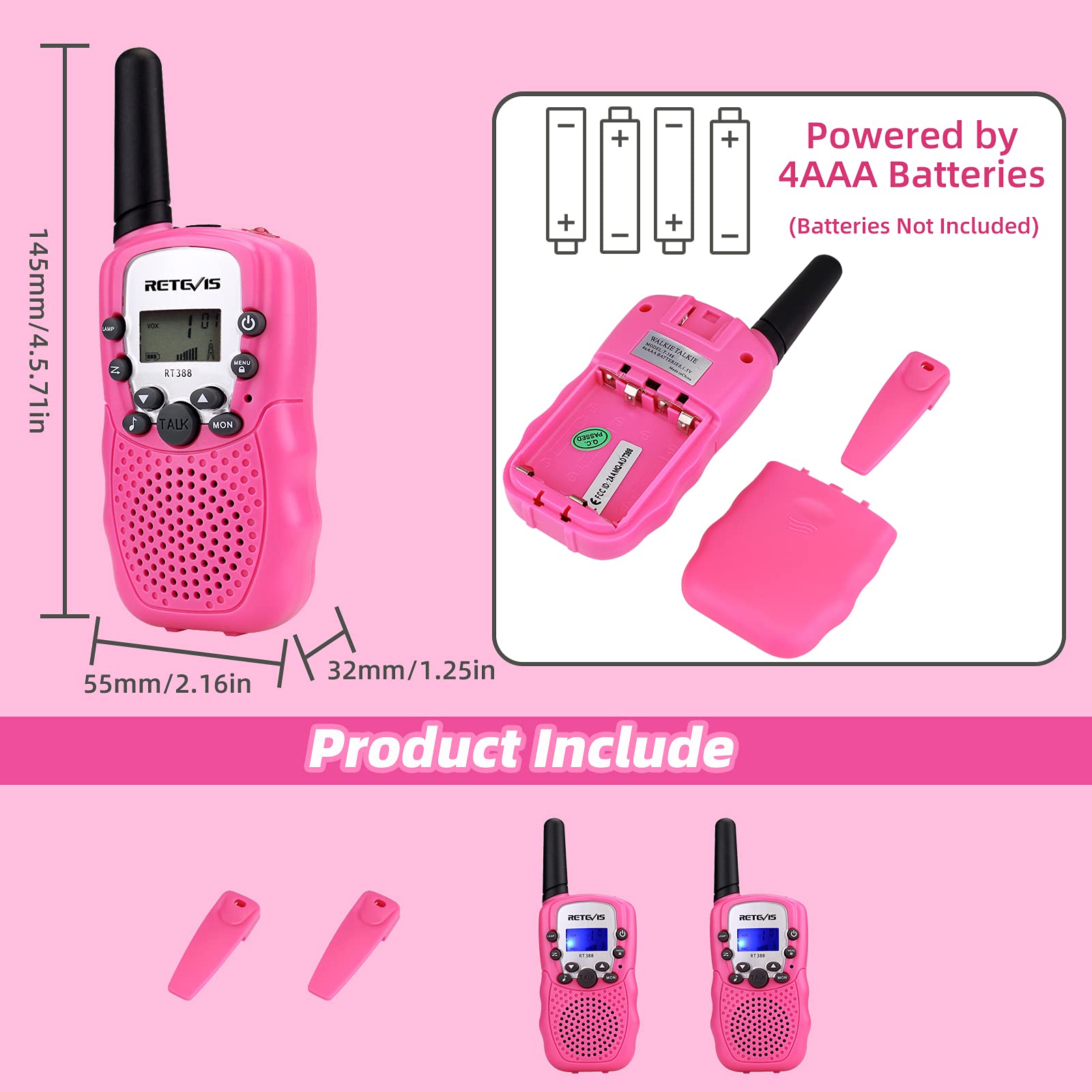 Retevis RT388 Walkie Talkies for Kids, Birthday Gifts for 6 7 8 9 10 11 12 Year Old Girls, 22 CH LCD Flashlight, Pink Walkie Talkies Christmas Gifts Toys for Girls(Pink, 2 Pack)
