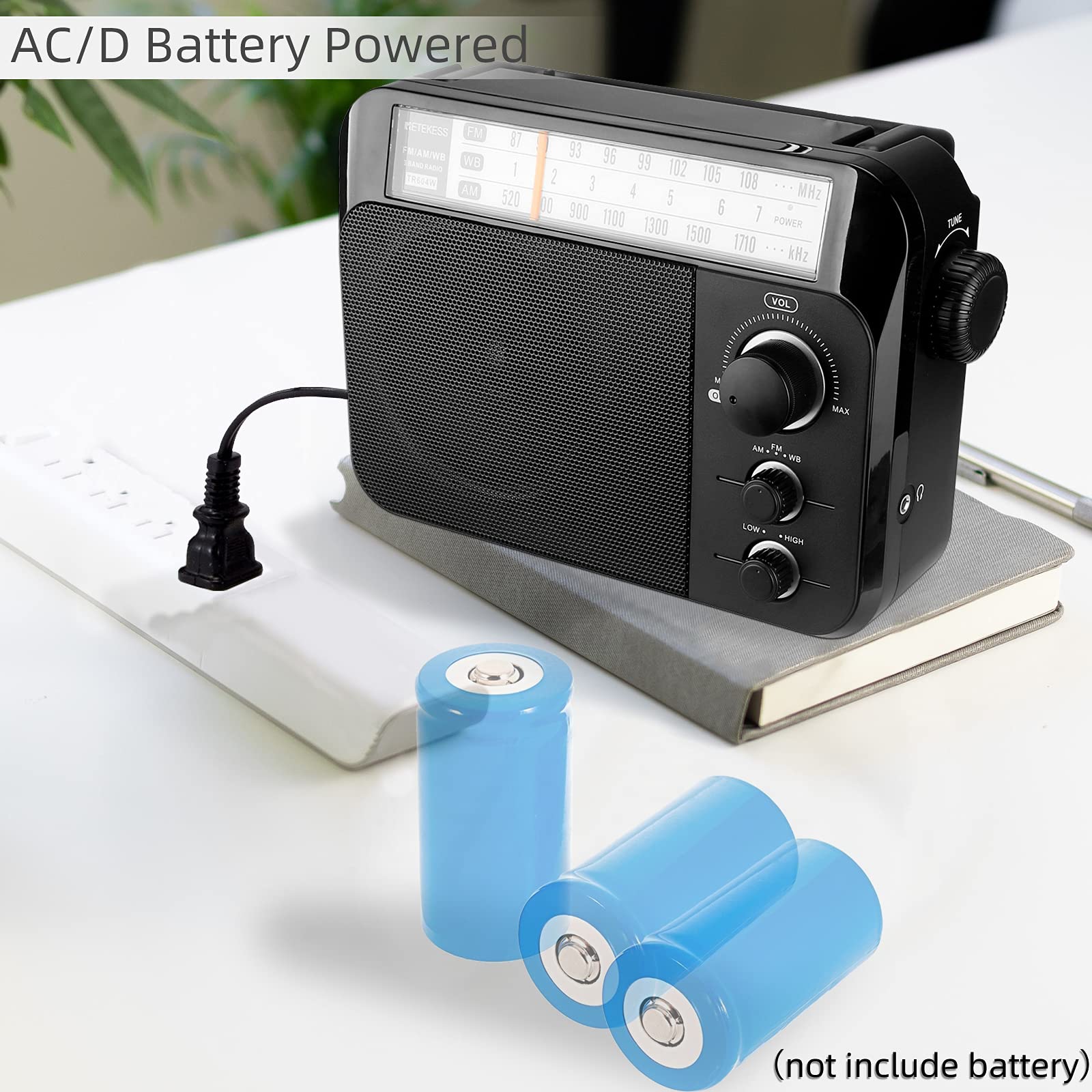 Retekess TR604 AM FM Radio,Portable Radio Plug in Wall,D Battery Operated,Large Dial,High/Low Tone Mode,Big Speaker,Earphone Jack,for Home,Picnic,Senior