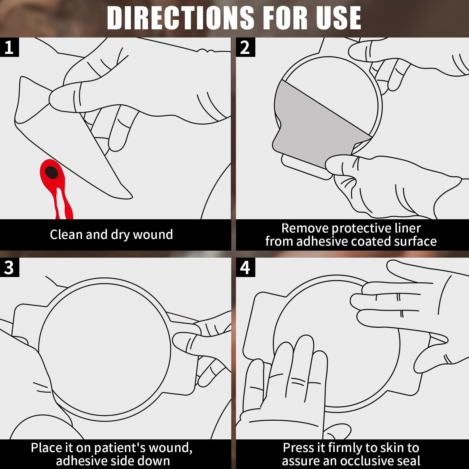RHINO RESCUE Vented Chest Seal, 4 Vents, Sterile Emergency Trauma Dressing, Occlusive Adhesive Pad, IFAK Trauma Refill Medical First Aid Supplies for Wound Care, Gunshot Wound, Sucking Chest(2 Count)