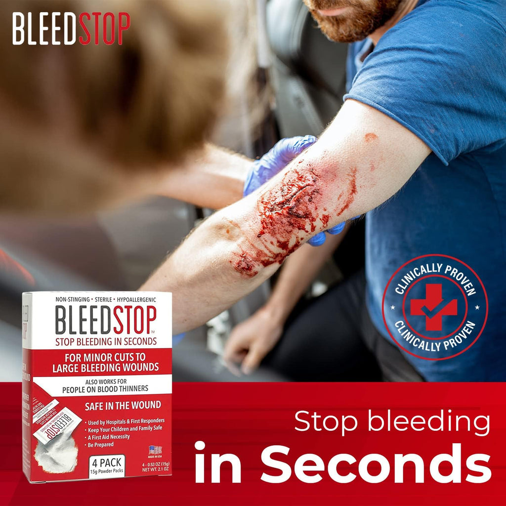 BleedStop™ First Aid Powder for Blood Clotting (4x15g, Pouches) and BleedClot Pet First Aid (5 oz, 1 Pouch)