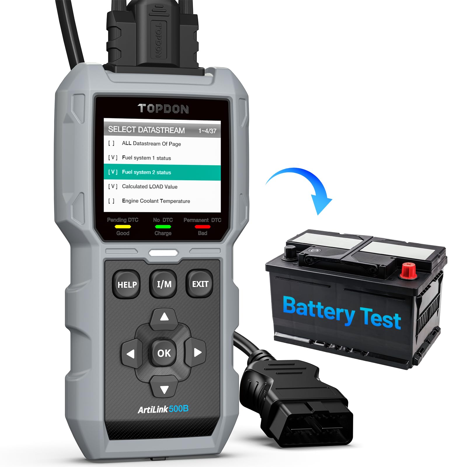 TOPDON AL500B OBD2 Scanner Battery Tester 2 in 1 Code Reader, Full OBDII Diagnosis, 12V Battery Tests & 12V/24V Cranking Tests, Charging Tests, Scan Tool, Car Diagnostic Tool for All OBDII Cars