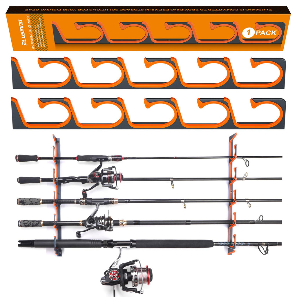 PLUSINNO H5 Horizontal Fishing Rod/Pole Holders for Garage, Wall or Ceiling Mounted Fishing Rod Rack, Aviation Aluminum Fishing Holder Holds up to 5/10/20 Rod or Combos Fishing Gear and Gifts for Men