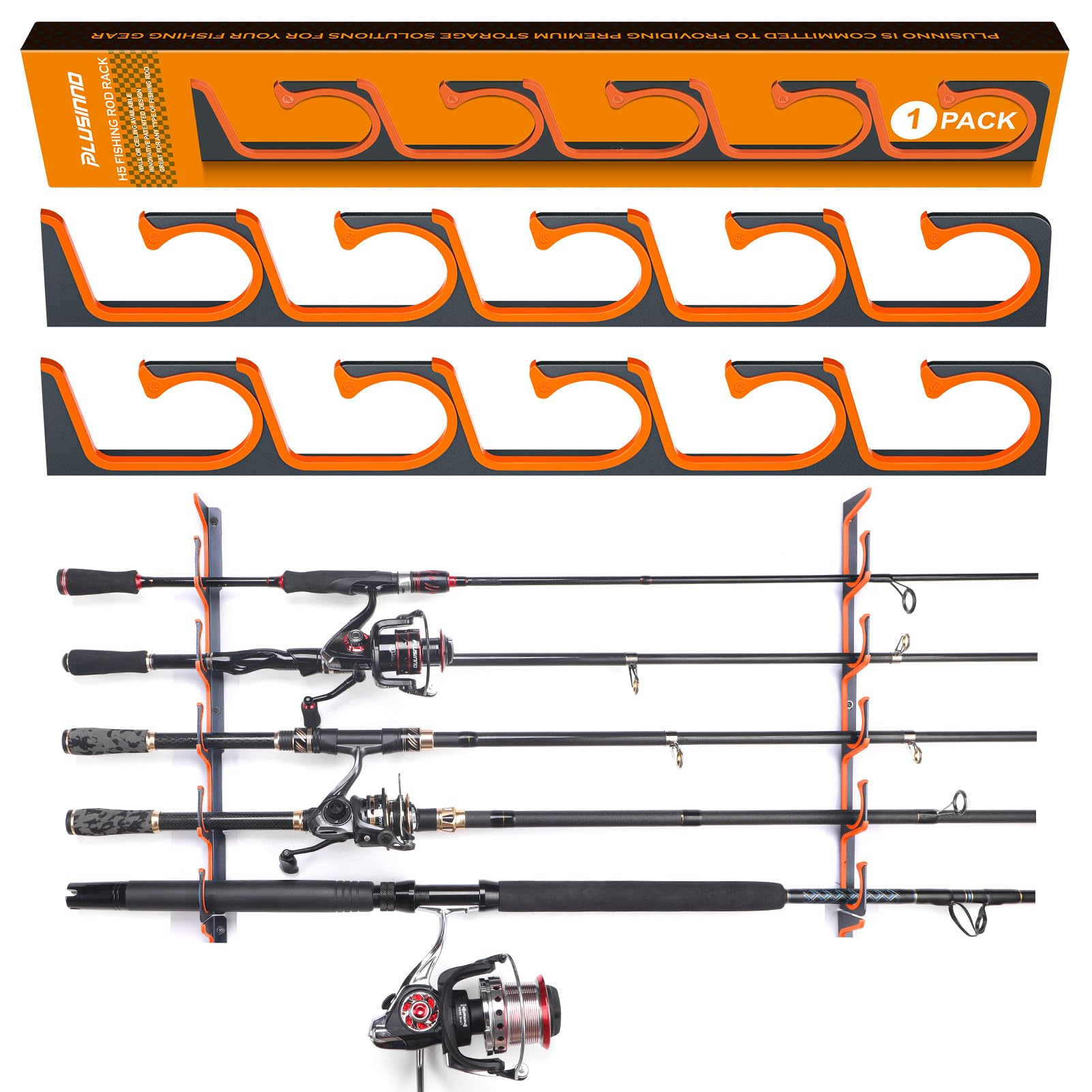 PLUSINNO H5 Horizontal Fishing Rod/Pole Holders for Garage, Wall or Ceiling Mounted Fishing Rod Rack, Aviation Aluminum Fishing Holder Holds up to 5/10/20 Rod or Combos Fishing Gear and Gifts for Men