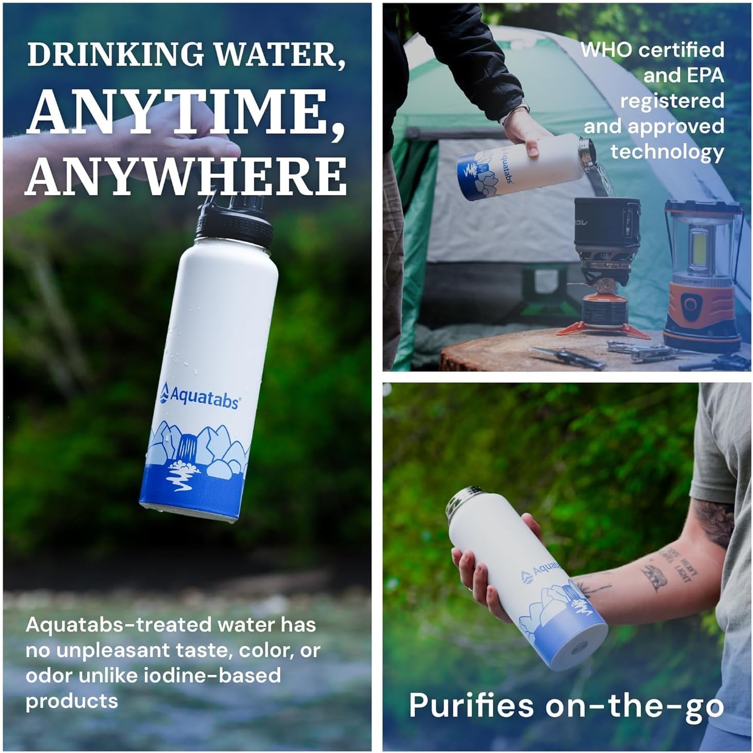 Aquatabs Insulated Stainless Steel Water Purifier Water Bottle with 100 Water Purification Tablets, BPA Free Water Purification Bottle Alternative to Filtered Water Bottle.