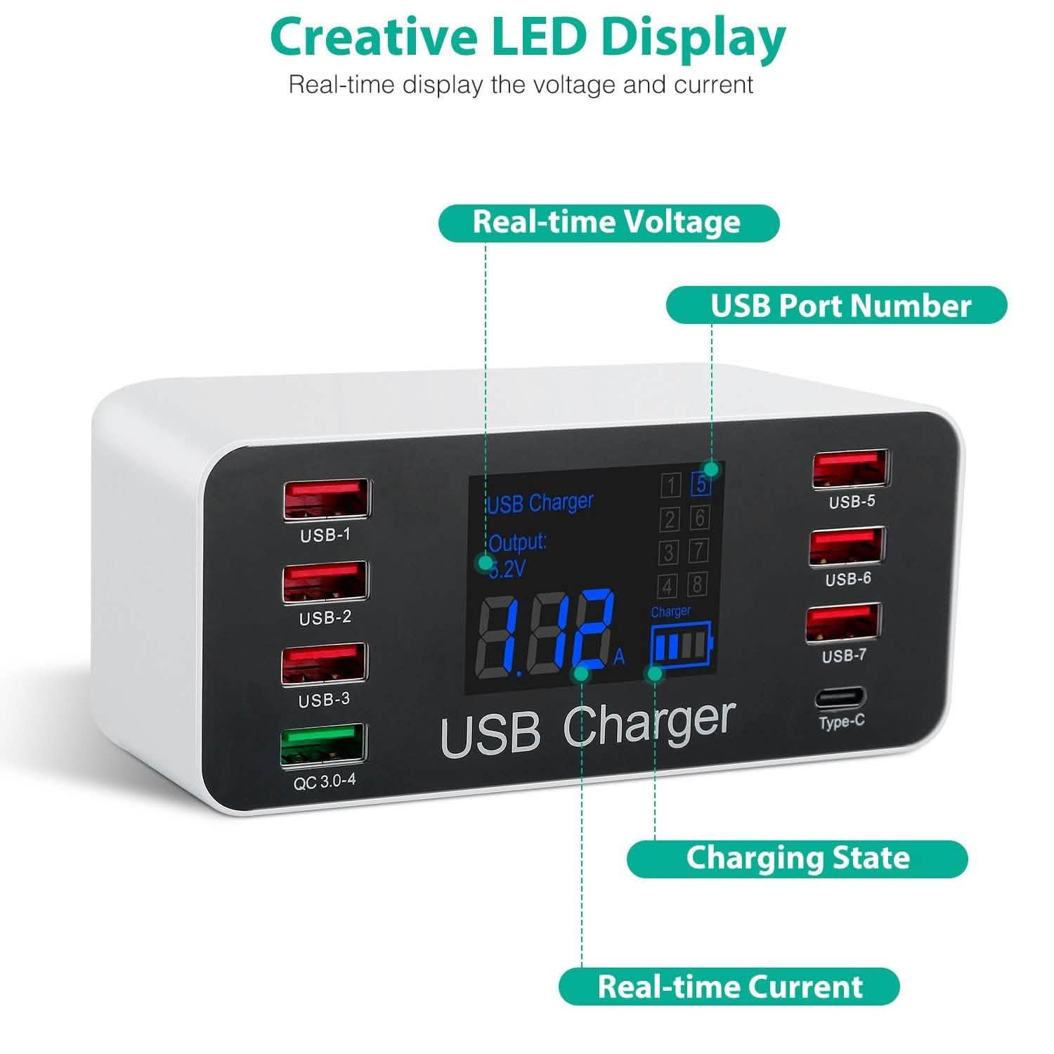 8-Port Smart Fast Charge USB Hub Station with 3.0 USB Port Type-C Port