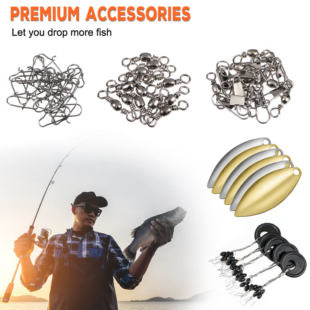 PLUSINNO 253/387pcs Fishing Gear Accessories Kit, Fishing Tackle Box with Tackle Included, Fishing Hooks, Fishing Weights Sinkers, Spinner Blade, Fishing Equipment for Bass Trout Bluegill Crappie