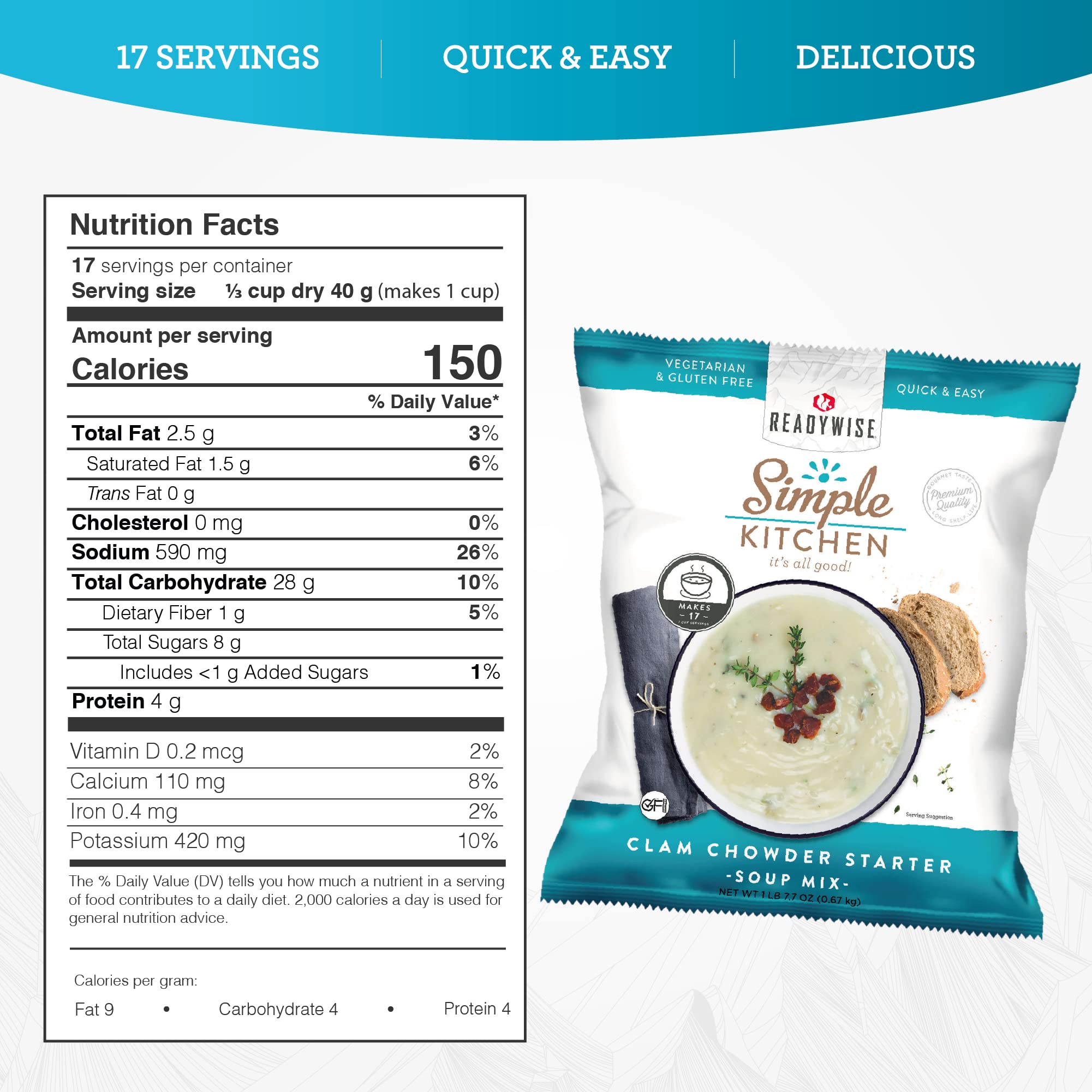 READYWISE - Simple Kitchen, Tomato Basil Soup, 17 Servings, MRE, Gluten Free, & Vegetarian, Food, Soup Mix, for Events, Hiking, Emergency Food Supply, Camping Essentials, or Daily Use, 1 Pack
