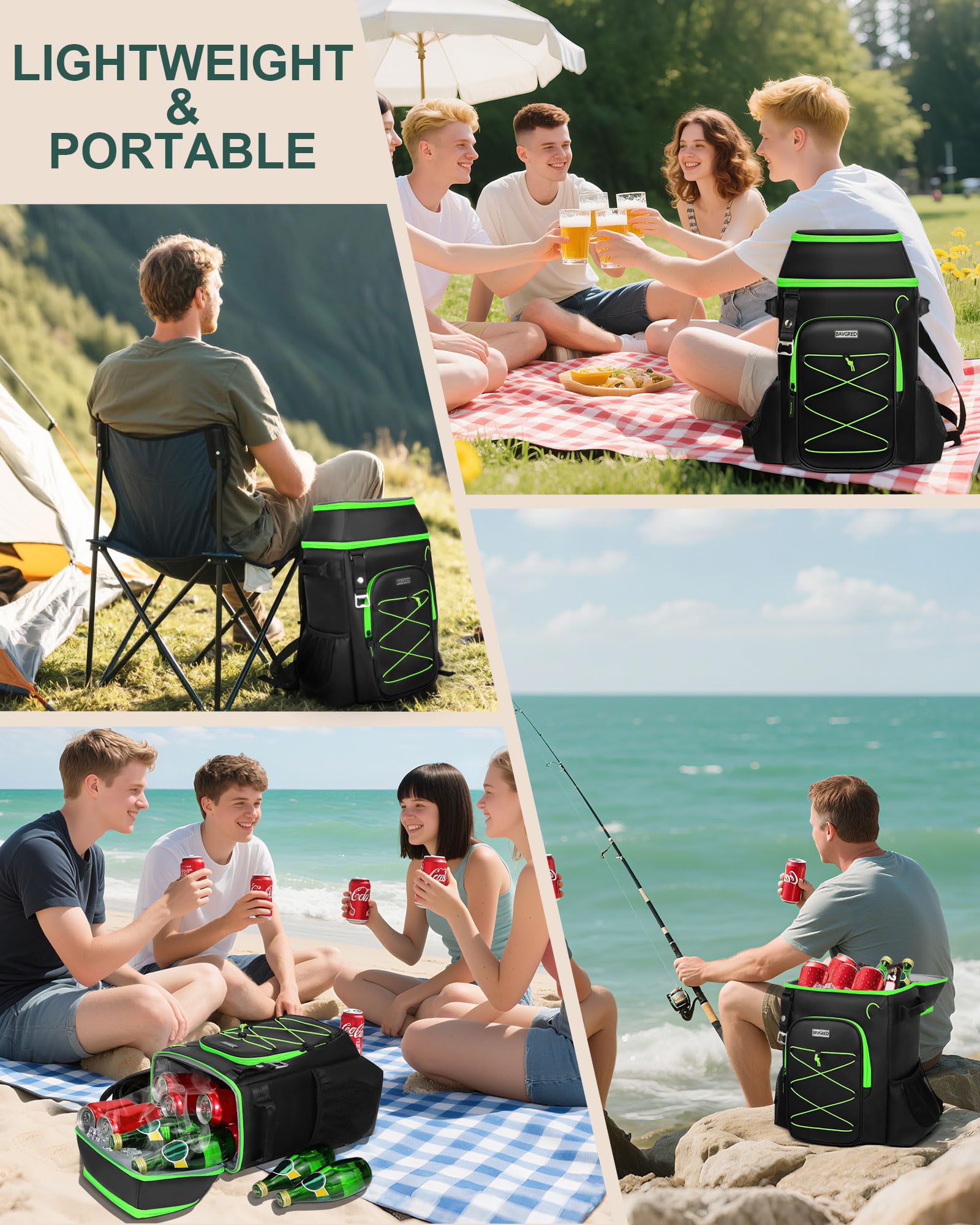 BAVGRED Cooler Backpack Insulated Leak Proof 30 Cans for Men Women,Waterproof Soft Cooler Bag，Lightweight Ice Chest Lunch Backpack for Beach Camping Picnic Travel Worksite Fishing