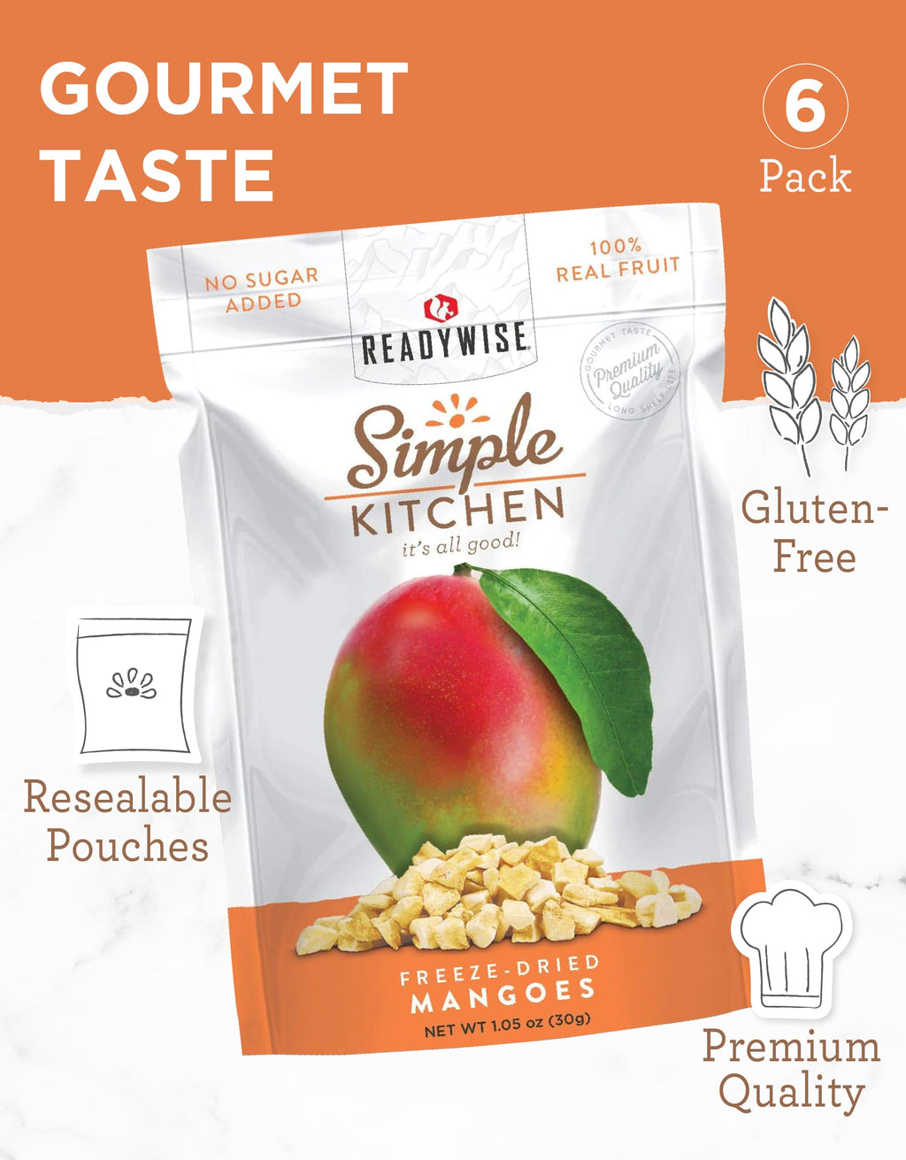 READYWISE - Simple Kitchen, Freeze-Dried Peaches, 1.16 oz, Pack of 6, Vegetarian, Gluten Free, Snacks, Peaches, Dried Fruit, Pre Workout, Healthy Snacks, Camping, Backpacking, Survival Food