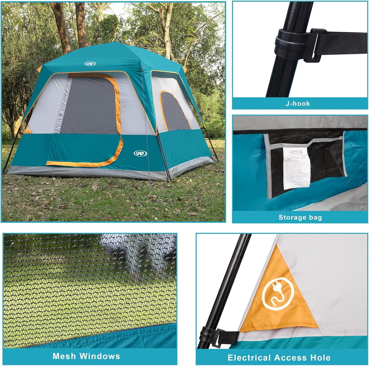 UNP 4 Person Camping Dome and Cabin Tent Easy Set Up, Waterproof with Top Rainfly for Outdoor Camping/Hiking