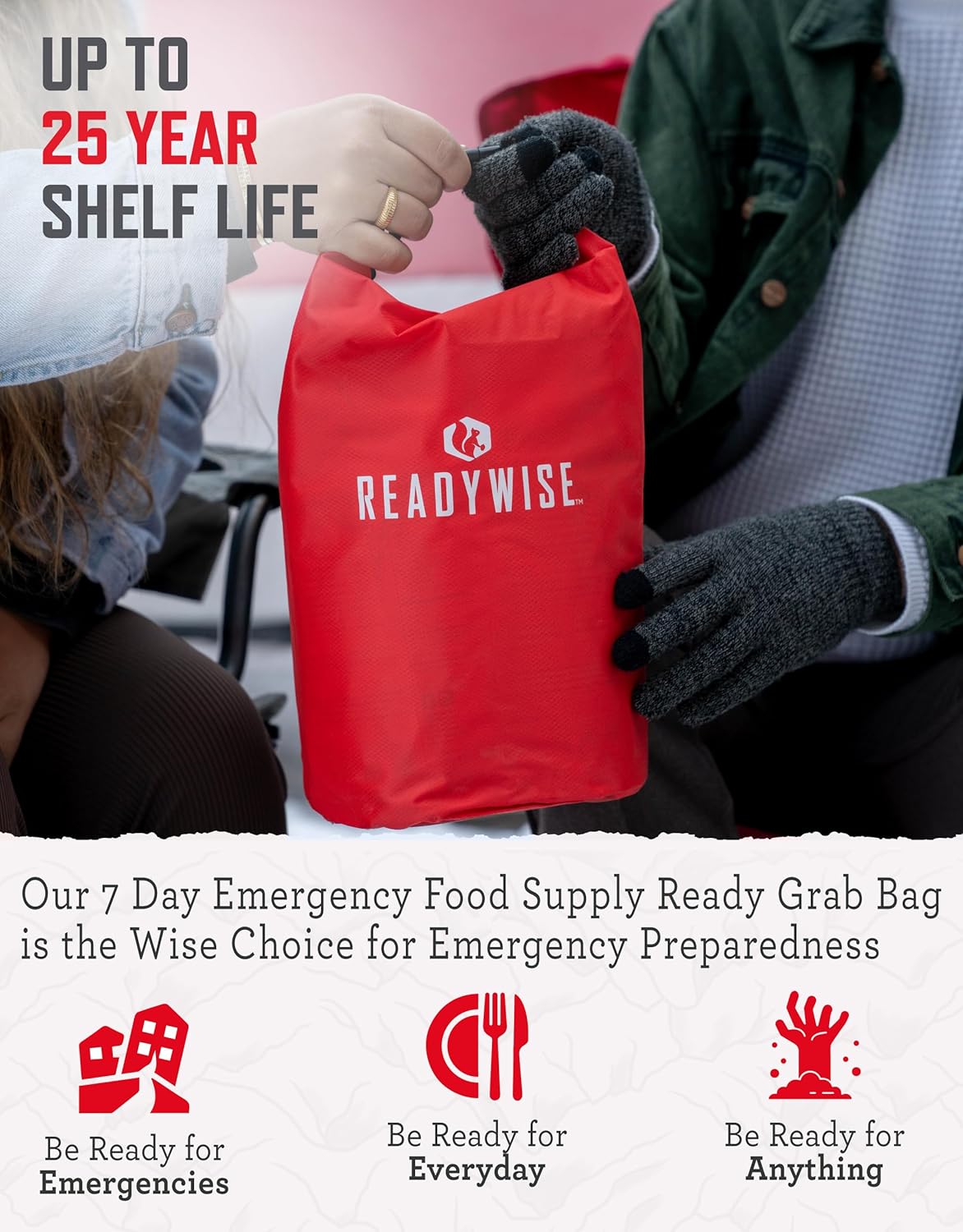 ReadyWise 7 Day Emergency Food Supply – 60 Servings Grab Bag, Camping Essentials, Freeze Dried Survival Food Kit & Dehydrated Meals, Prepper Bug Out Bag & Hurricane Supplies, up to 25 Year Shelf Life