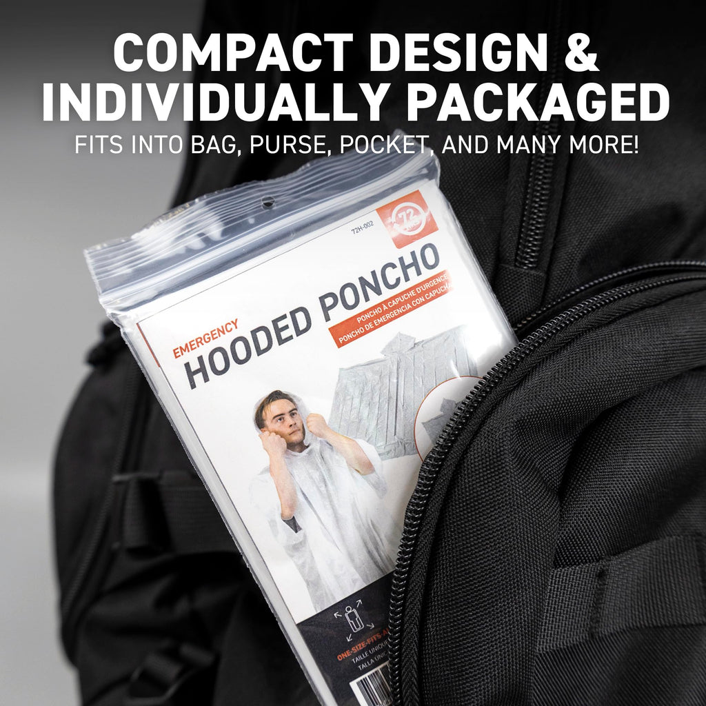 72 HRS Disposable Hooded Rain Poncho - Emergency Disposable Rain Poncho with Hood for Adults