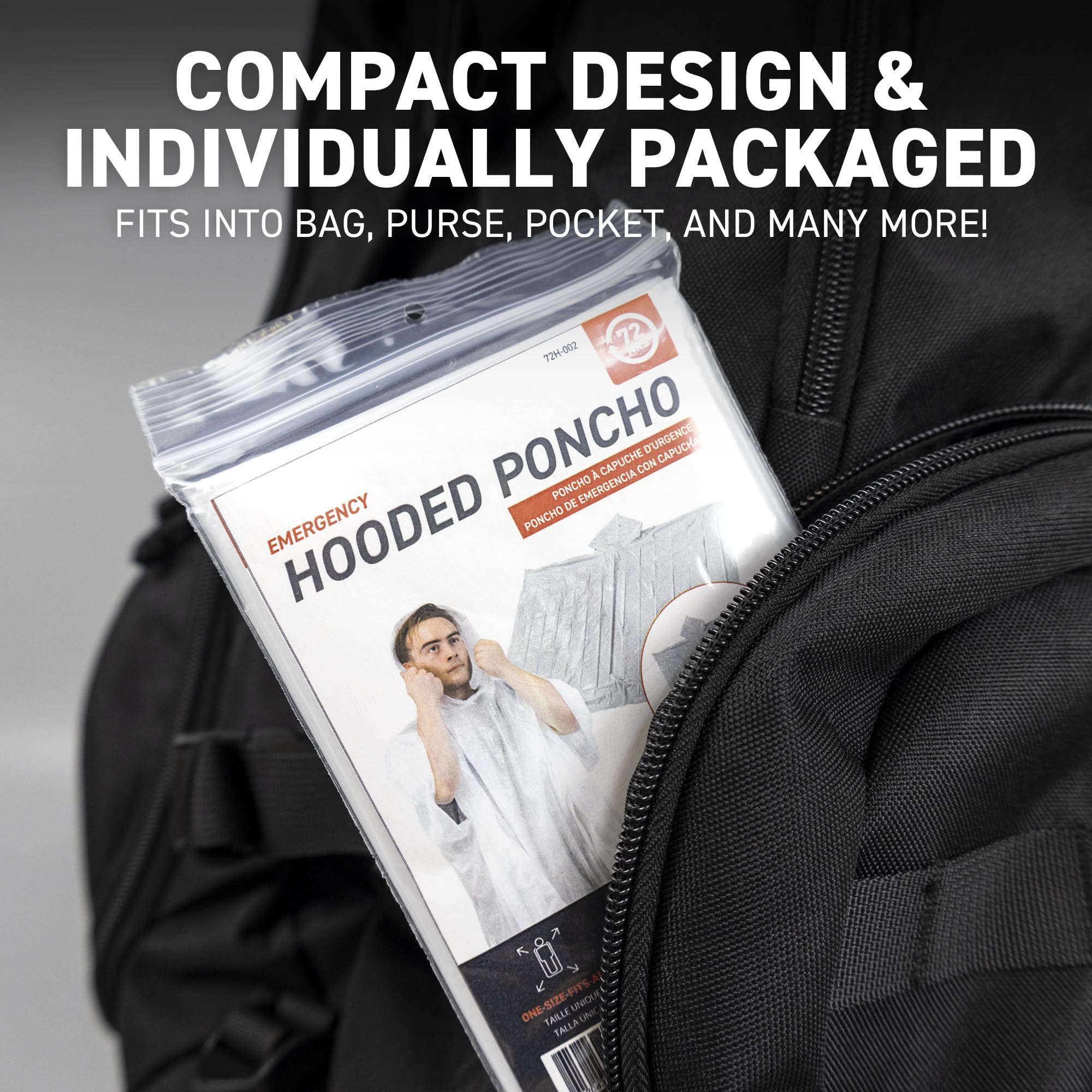 72 HRS Disposable Hooded Rain Poncho - Emergency Disposable Rain Poncho with Hood for Adults