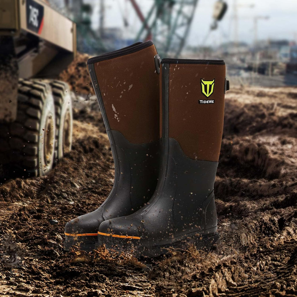 TIDEWE Rubber Work Boot for Men with Steel Toe & Shank, Waterproof Anti Slip Hunting Boot, 6mm Neoprene Hunting Boot for Manufacturing, Construction, Farming, Black,Brown, Size 7-13