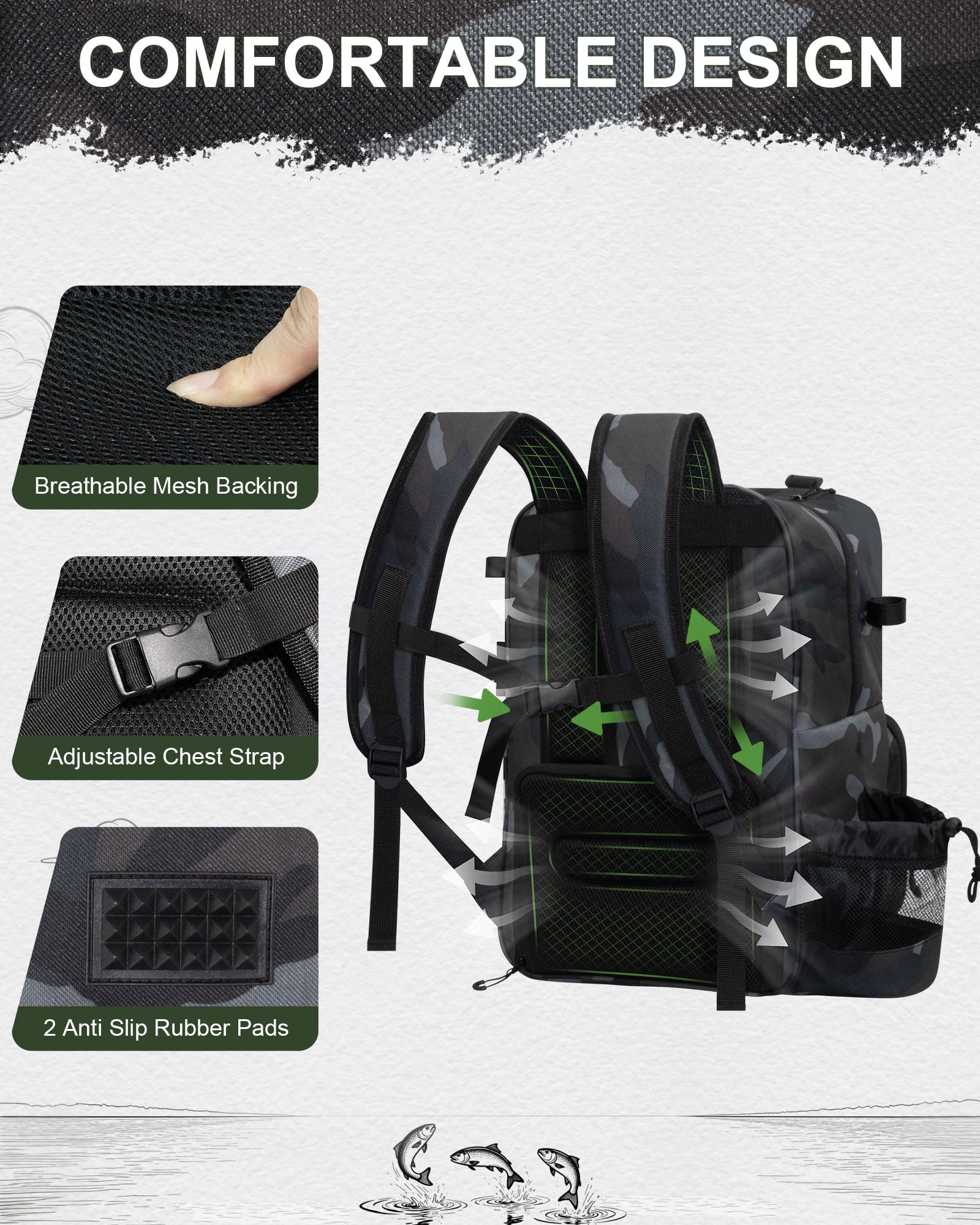 BAVGRED Fishing Backpack with Removable Bait Binder, Large Water Resistant Tackle Bag Storage Gear and Equipment for Fishing, Camping, Hiking, Grey