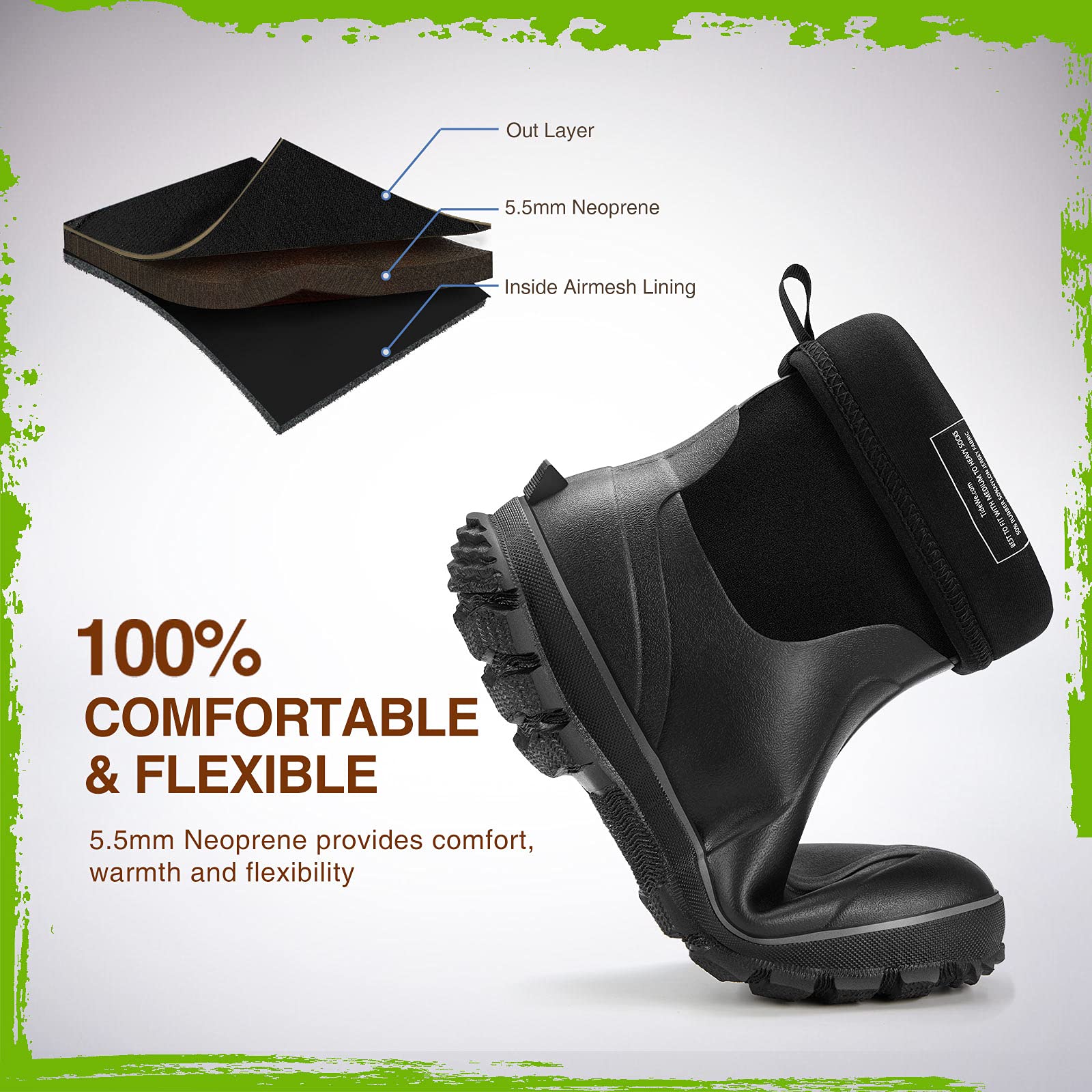 TIDEWE Rubber Boots for Men, 5.5mm Neoprene Insulated Rain Boots with Steel Shank, Waterproof Mid Calf Hunting Boots, Sturdy Rubber Work Boots for Farming Gardening Fishing