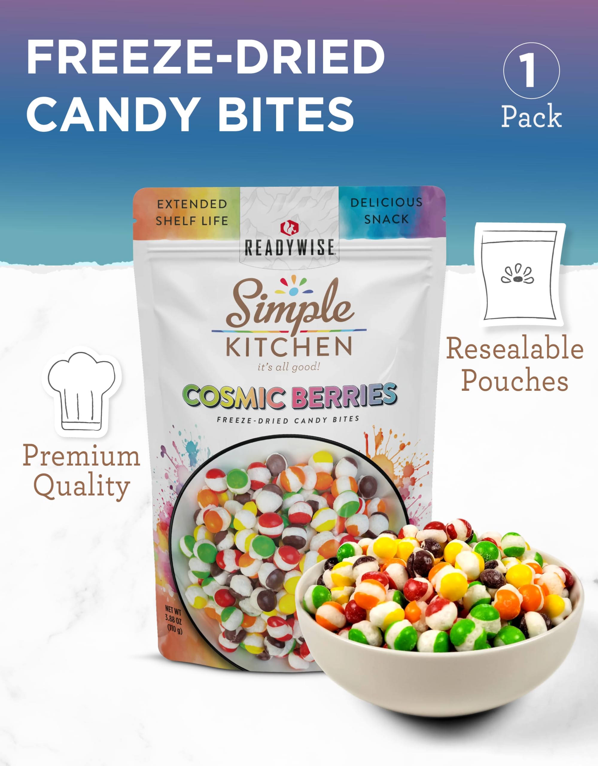 READYWISE - Freeze Dried, Cosmic Berries, Perfect On-the-Go, Candy Bites for Adults & Kids, Crunchy Fruity, Treats, Extended Shelf life Crunchy Fruit Candies, for Hiking, Camping & Travel (6 Pack)