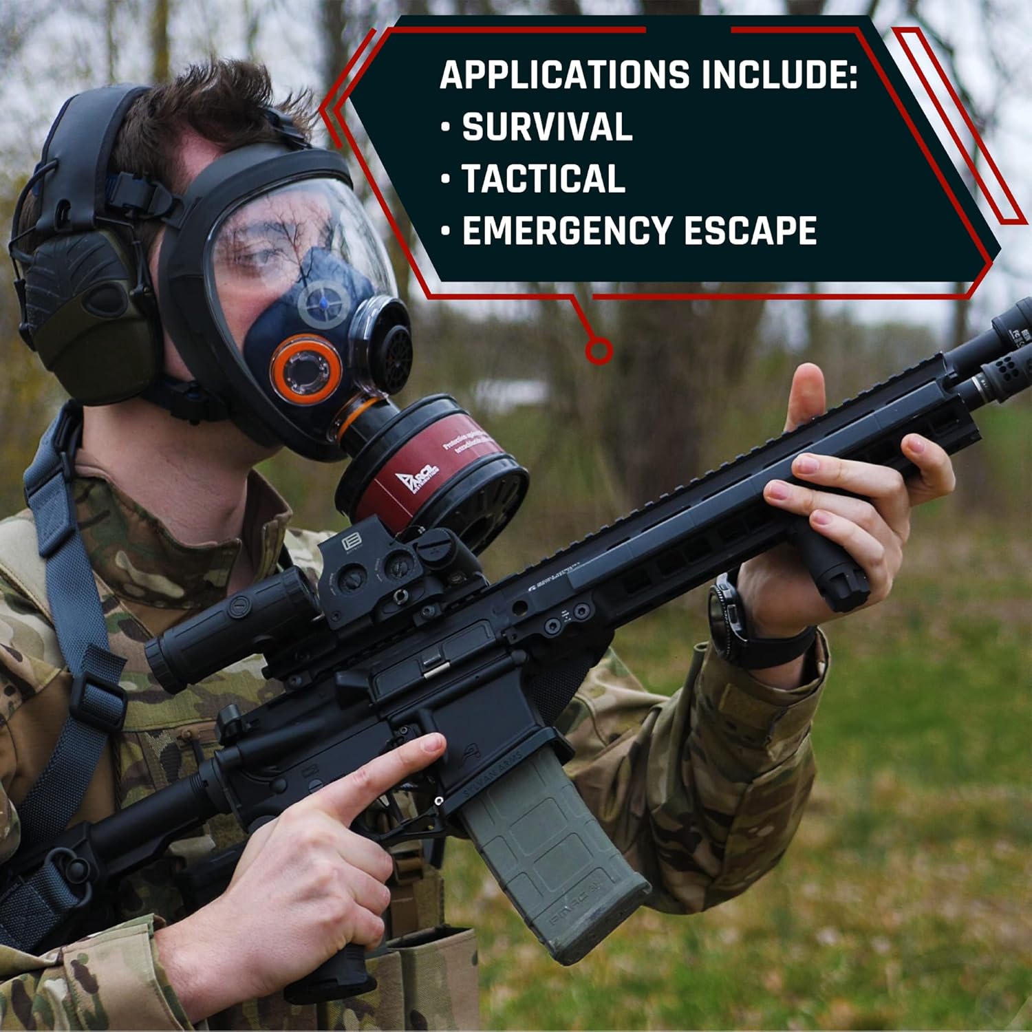 ST-100X Inferno Red Mirrored Survival & Tactical Full Face Respirator with P-D-1 Single 40mm Carbon Activated Charcoal Filter Canister