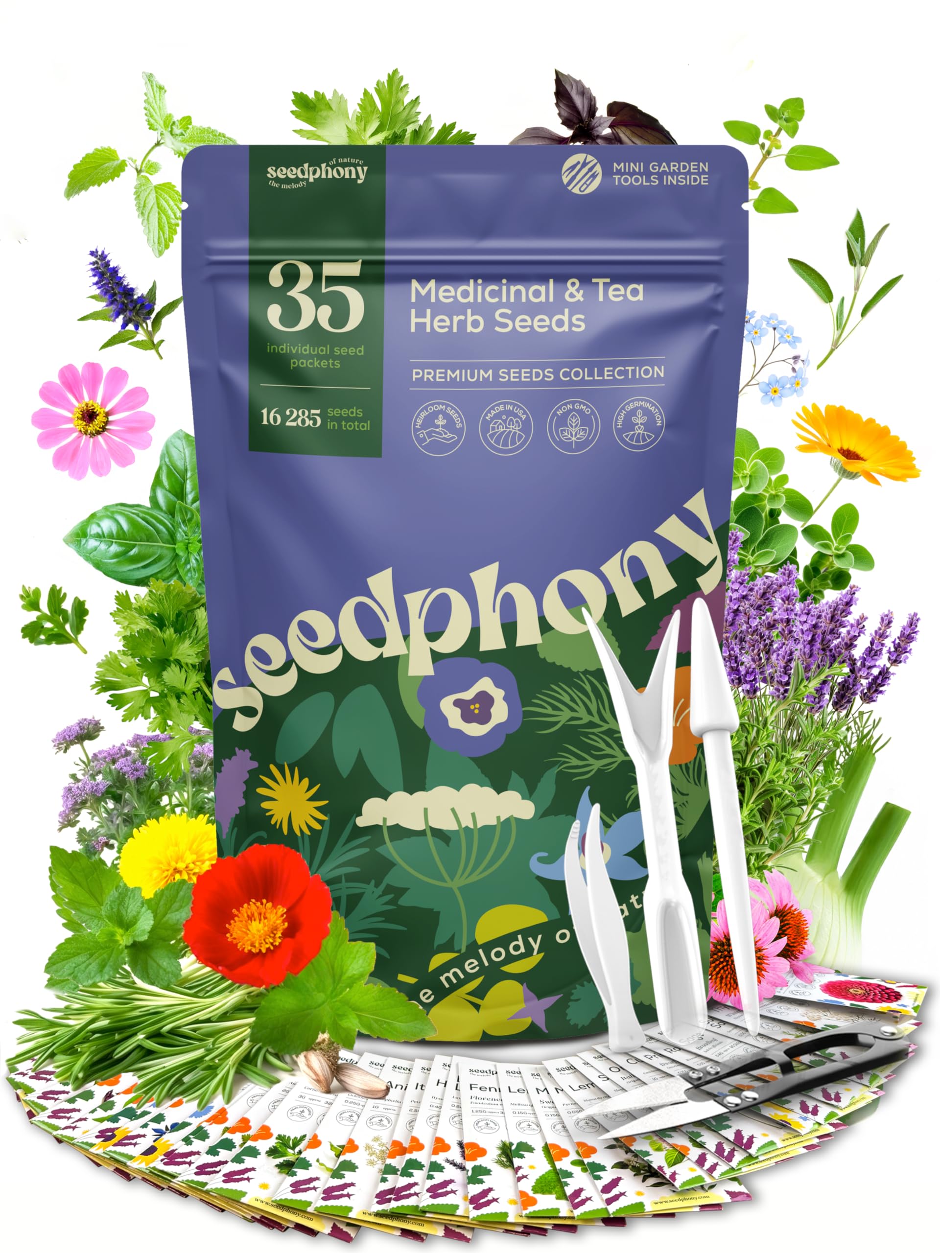 35 Medicinal & Tea Herb Seeds Variety Pack - 16,285+ Non-GMO Heirloom Herbs Seeds for Planting Indoor & Outdoor: Lavender, Rosemary, Echinacea, Mint, Catnip, Basil - Gardening Seed Packets