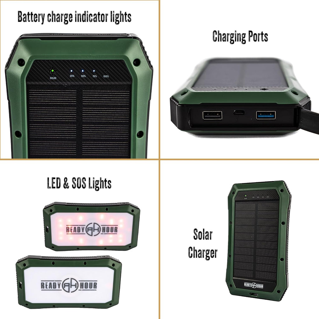 Ready Hour Wireless Solar PowerBank 20000mAh, Rugged Off Grid Backup with 20 LED Room Light, USB C, Wireless Charging and SOS Mode