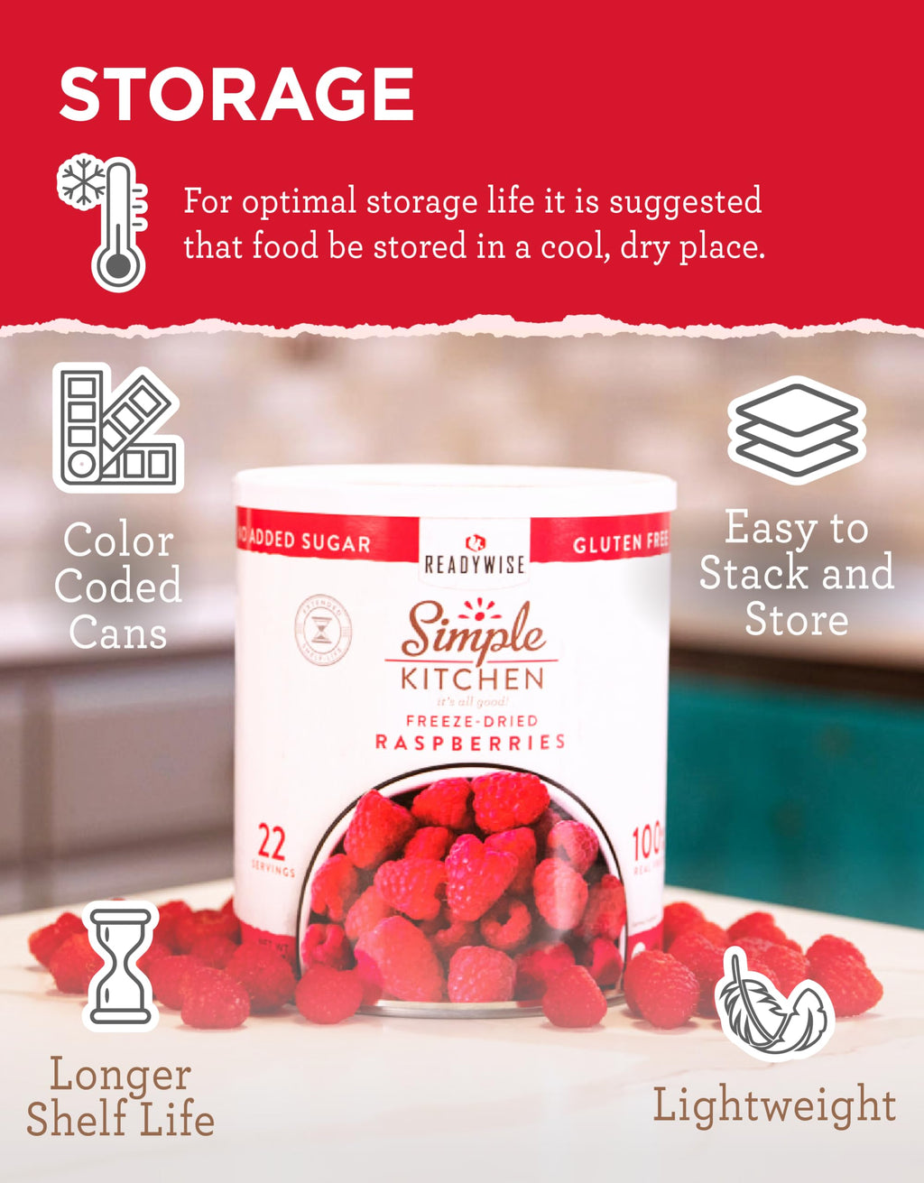 READYWISE - Simple Kitchen Freeze Dried Whole Blueberries, 28 Servings, Vegan, Gluten Free, Fruit Snacks, Emergency Supplies, Dehydrated Fruit, Blueberries
