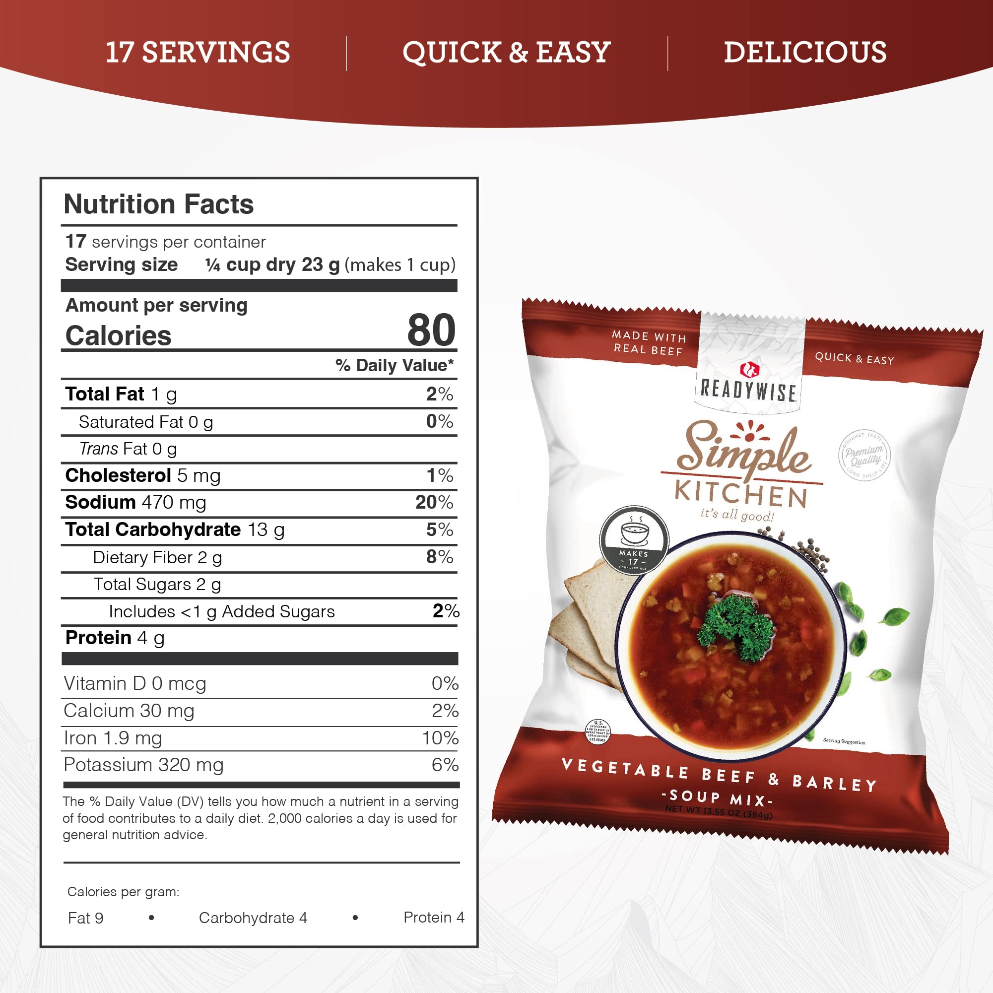 READYWISE - Simple Kitchen, Tomato Basil Soup, 17 Servings, MRE, Gluten Free, & Vegetarian, Food, Soup Mix, for Events, Hiking, Emergency Food Supply, Camping Essentials, or Daily Use, 1 Pack
