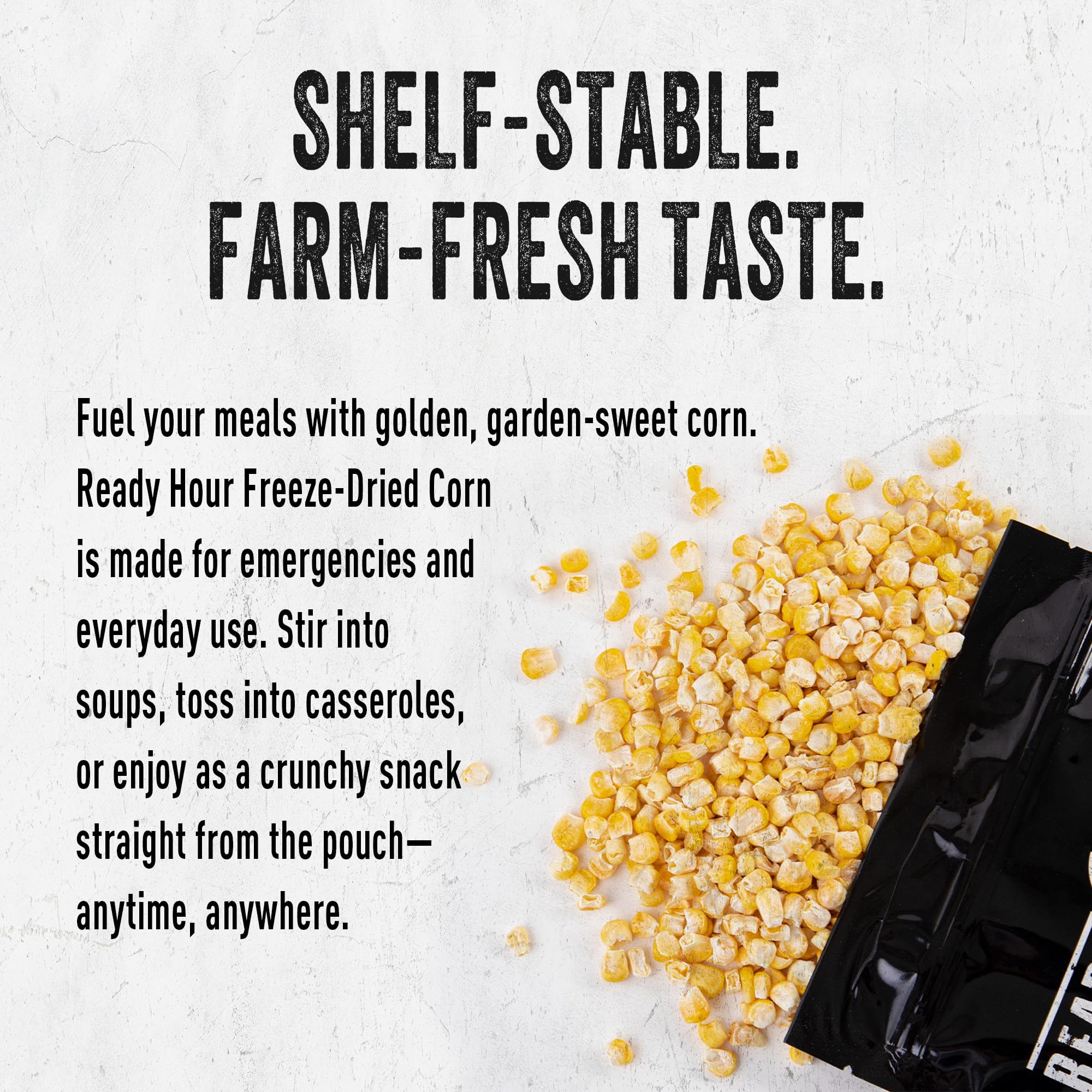 Ready Hour Freeze-Dried Corn Case Pack – Emergency Food, Long-Term Storage, Bulk Vegetables, Shelf-Stable Survival Supplies, Prepper Pantry Essential– 48 Servings (6 Pouches)